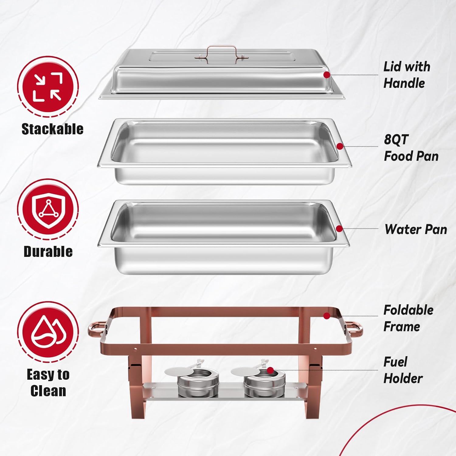 IMACONE Chafing Dish Buffet Sets of 4, 8QT Stainless Steel Rectangular Chafers and Buffet Warmer Sets for Catering, with Food & Water Pan, Lid, Rose Gold Foldable Frame, Fuel Holder for Event Party