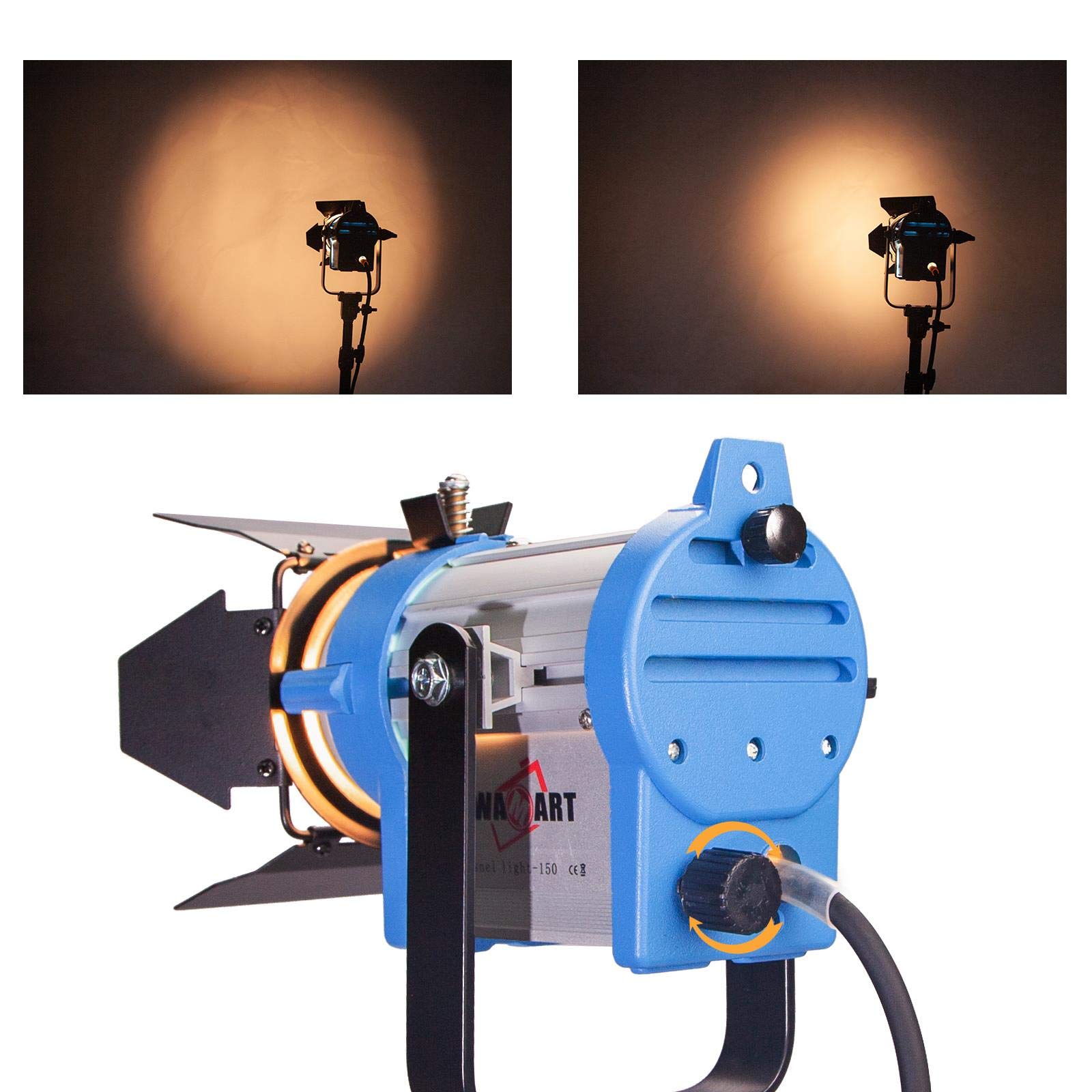 Pyxelstudio Fresnel Spotlight 150W, Dauerlicht Mit Halogenlampe, 3200K, Mit 4-Blatt-Barndoor – Für Film, Foto, Video