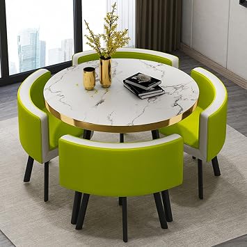 Simple Kitchen Dining Table Set 1 Table 4 Chairs Meetings Negotiation Table 90cm,Reception Round Table Set, Office Conference Table Bar Balcony Bedroom Library Billiard Hall Small Table  Color Gree
