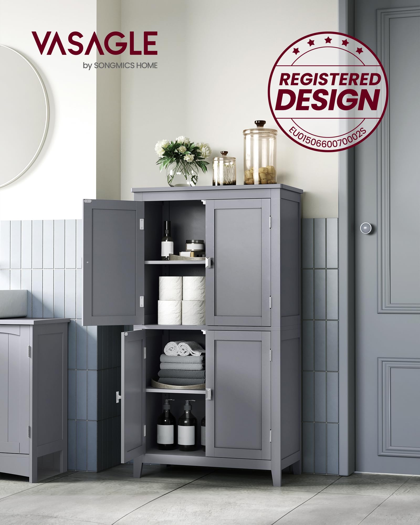 VASAGLE Badezimmerschrank mit 4 Türen, 60 x 30 x 110 cm