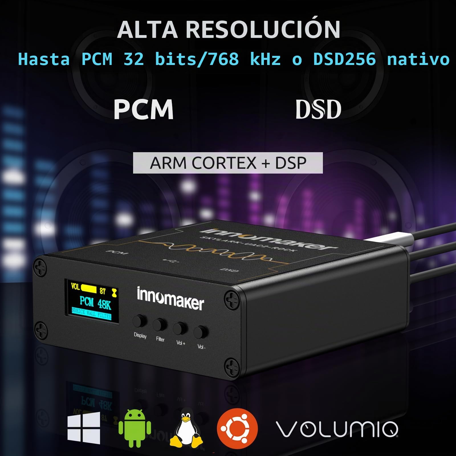 DAC USB HiFi/Amplificador de auriculares Salidas 3,5 mm/XLR ES9038Q2M PCM 32Bits/768kHz o DSD256 Pantalla FFT del espectro de audio Tarjeta de sonido para PC/ordenadores portátiles/SBC (no compatible