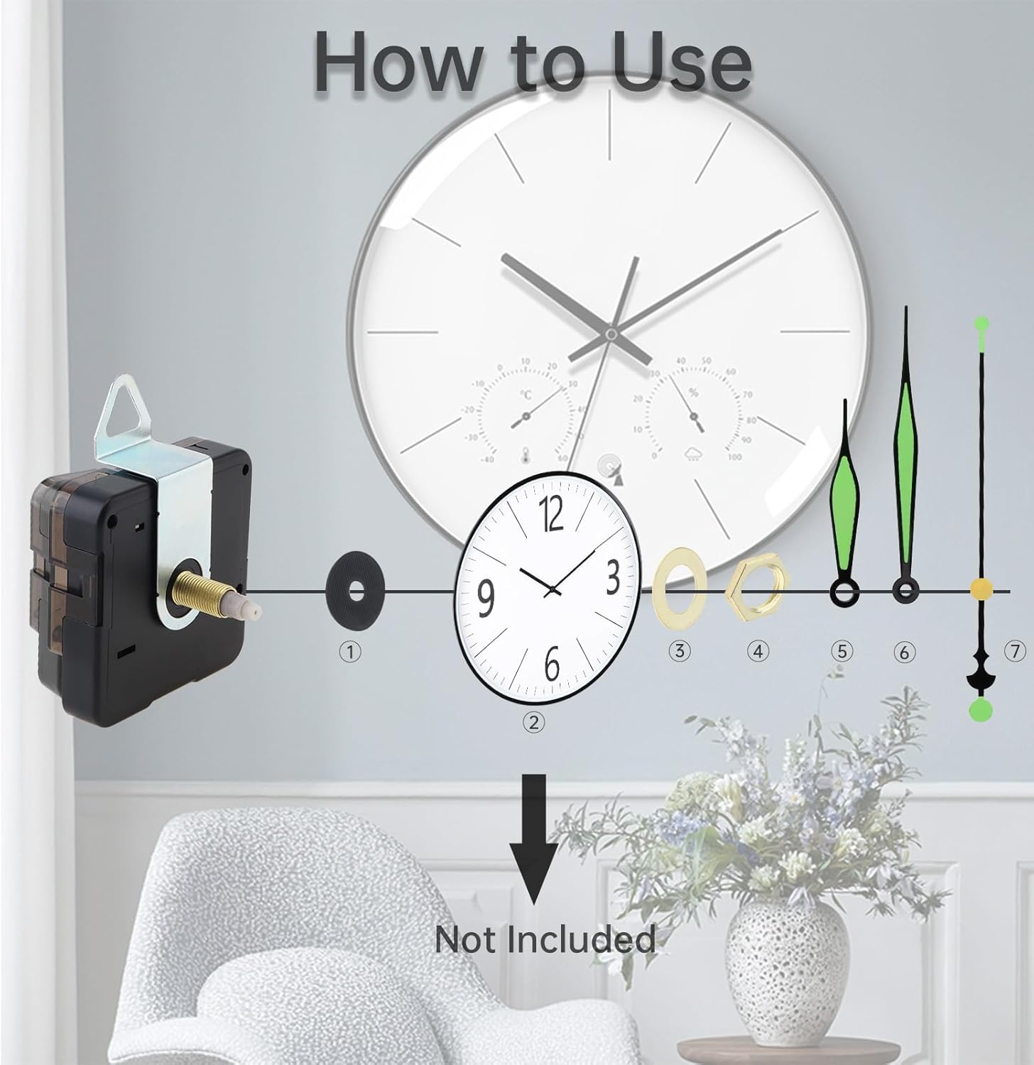 13mm(1/2 Inch) Shaft Length Quartz Silent Clock Mechanism Kit with 3 Sets of 5.5/7.1/7.1 Inch Glow Clock Hands for DIY / Repair, 5mm(3/16") Thread Length