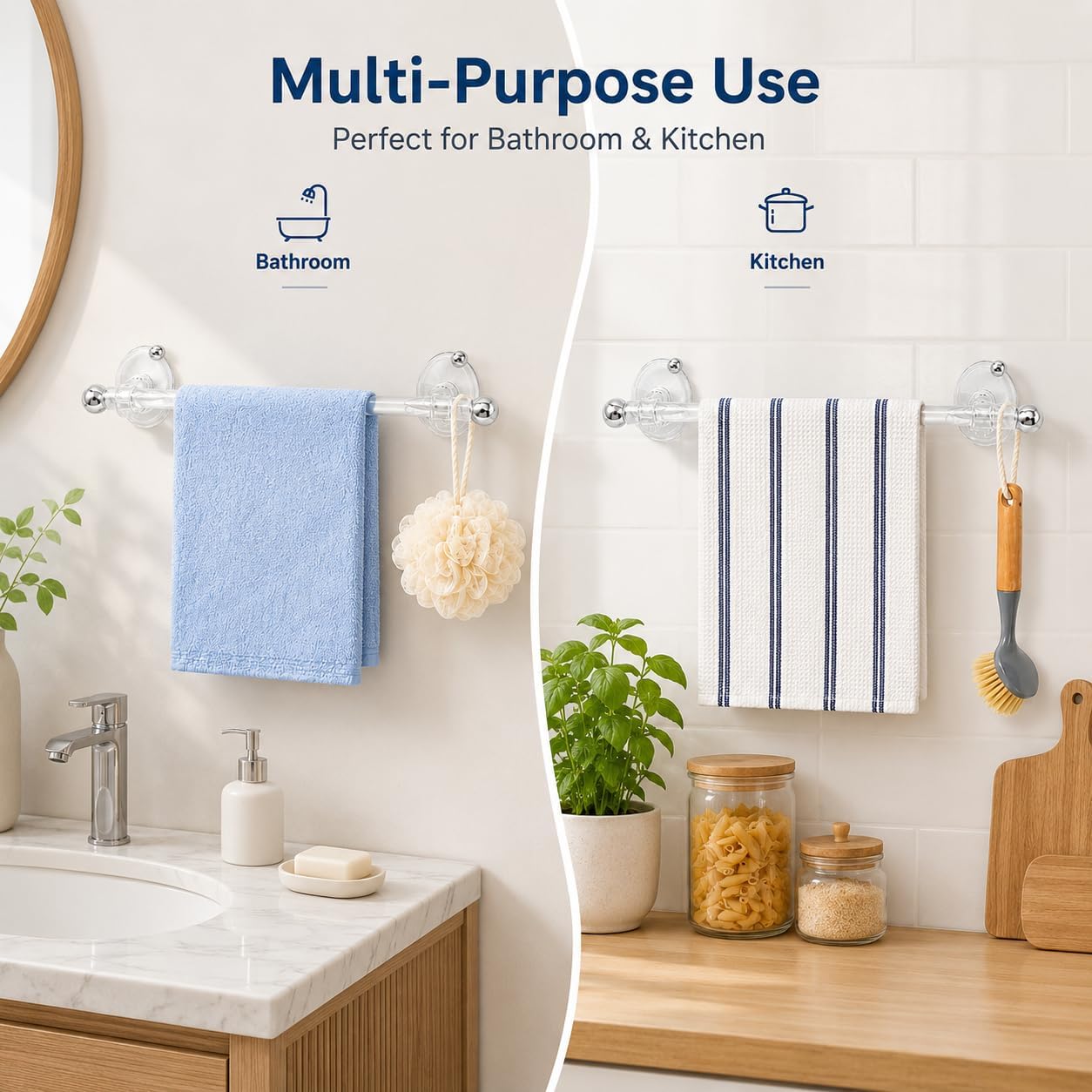 2 Pack 16" Clear Suction Cup Towel Bar,No‑Drill Kitchen Towel bar