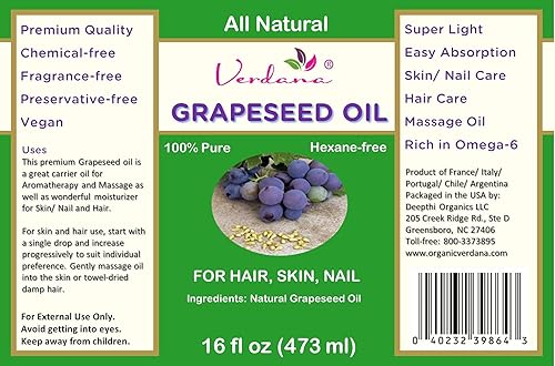 Miniatura 8 de Verdana Aceite de semilla de uva calidad premium totalmente natural y libre de hexano ideal para el cuidado de la piel cara uñas y cabello 32 onzas
