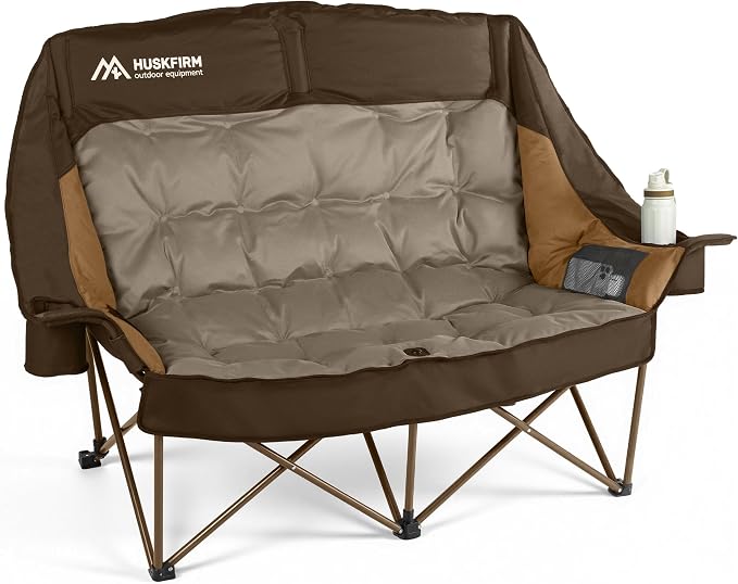 Huskfirm High Back Double Camping Chair 2 Person Camping Chair Low Seat Loveseat Camping Chair Fully Padded Oversized Camping Couch for Adults - Supports 650 LBS with Cup Holders Carry Bag - Brown