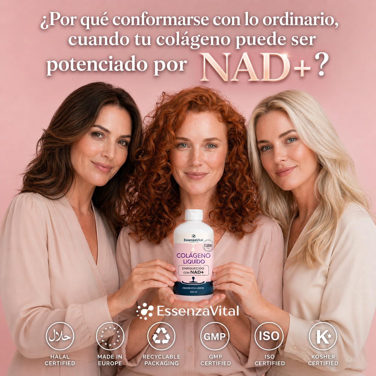 Colágeno Hidrolizado Líquido 13.000mg con NAD+ y Ácido Hialurónico para Mujeres - Bebible 13g por Dosis - Piel, Cabello y Uñas - Sabor Frambuesa-Limón - EssenzaVital Suplemento de Belleza 500ml (1Mes)