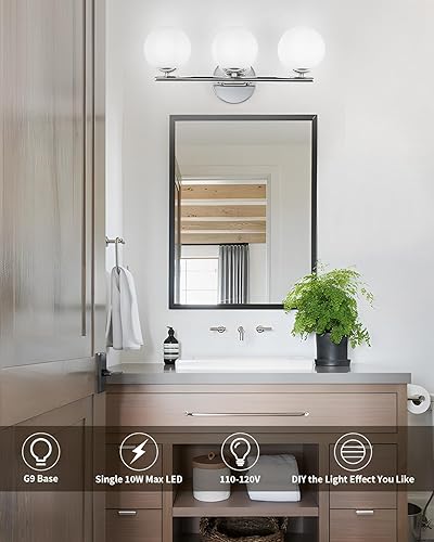 Miniatura 4 de Globe - Lámpara de tocador cromada con pantallas de globo blanco leche de plástico, aplique de pared de 11.81 pulgadas, iluminación sobre espejo, 3