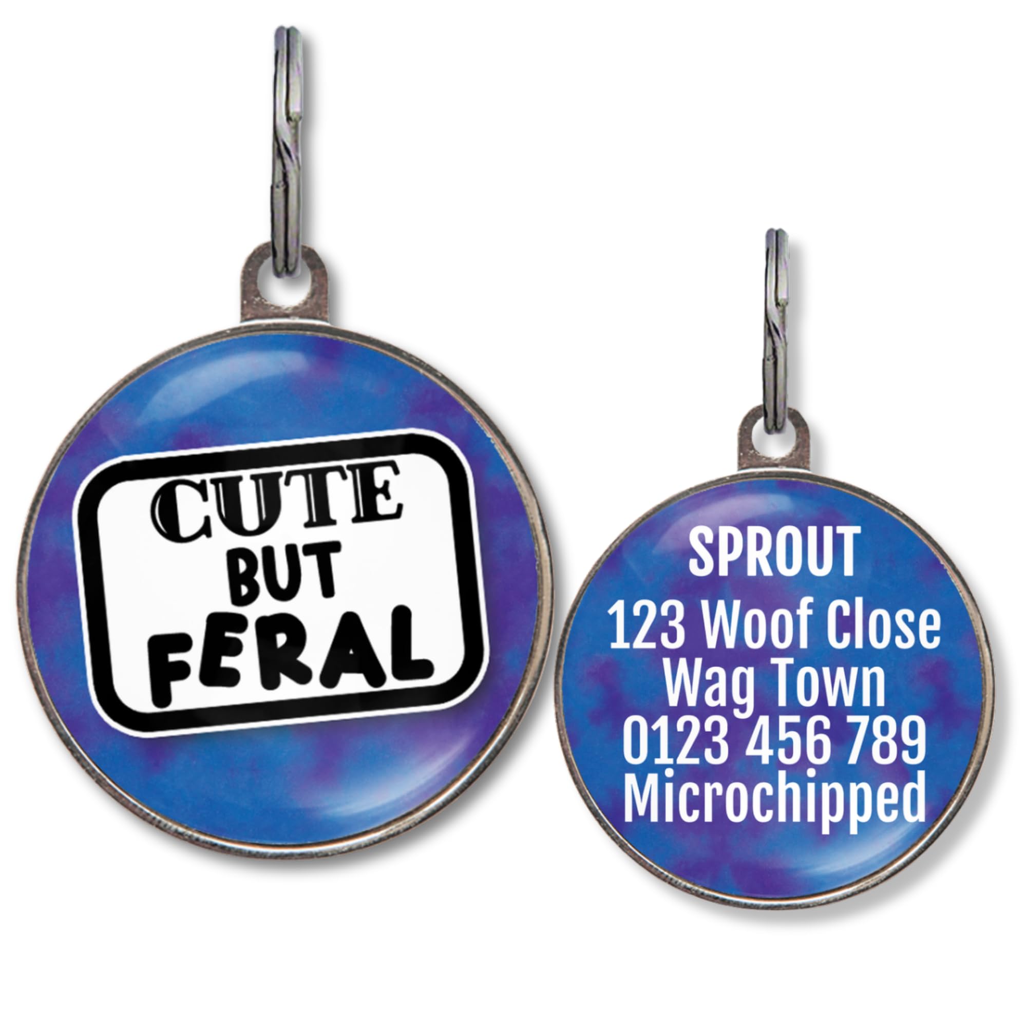 Dog Tags for Small Dogs – Personalised Small Pet Tags, 20+ Funny Sassy Designs, Lightweight Waterproof Pet ID Tag with Custom Back Info, 36 Colour Options (Cute But Feral)