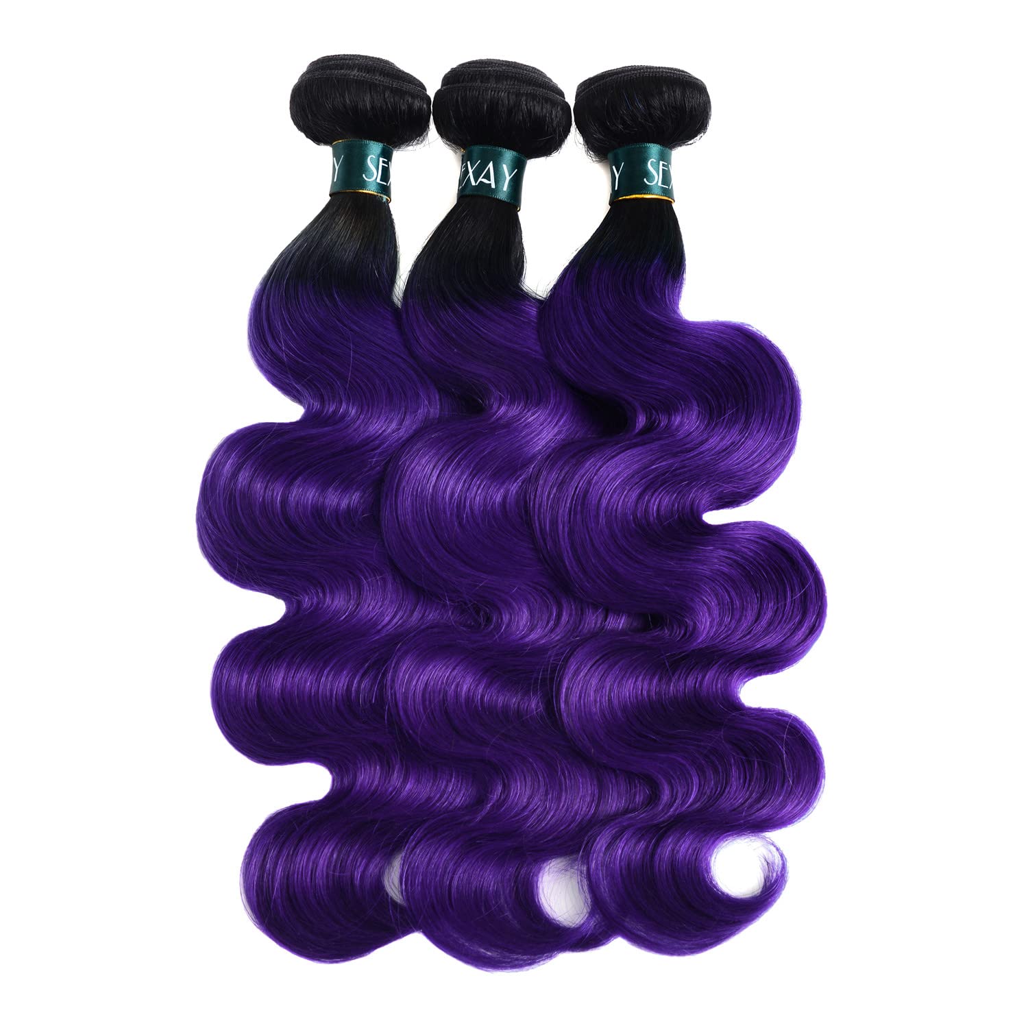 Purple Bundles with Closure Body Wave Human Hair Weave, Brazilian 3Bundles with Free Closure Virgin Remy Hair Ombre 1b/purple 2 Tone Wavy for Women (141618+12"closure, 1b/Purple)