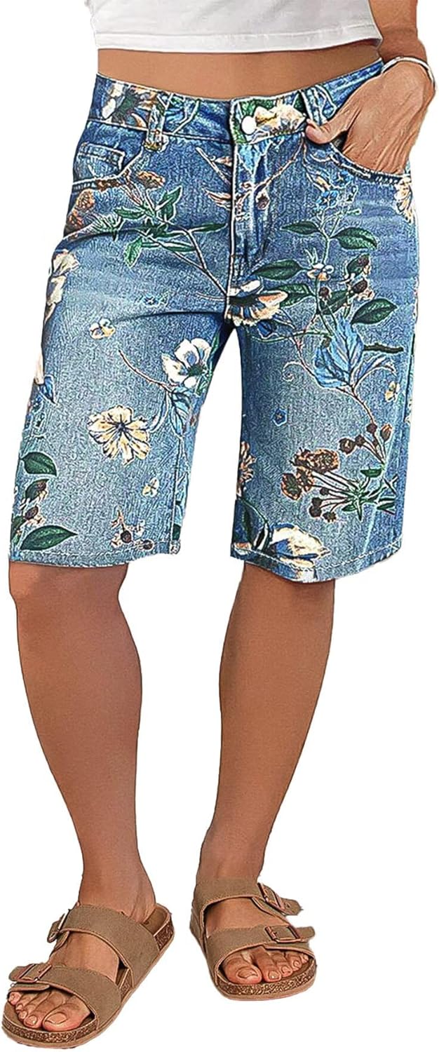 Flamingals High Waisted Bermuda Shorts for Women Knee Length Floral Print Stretchy Summer Denim Shorts Trendy