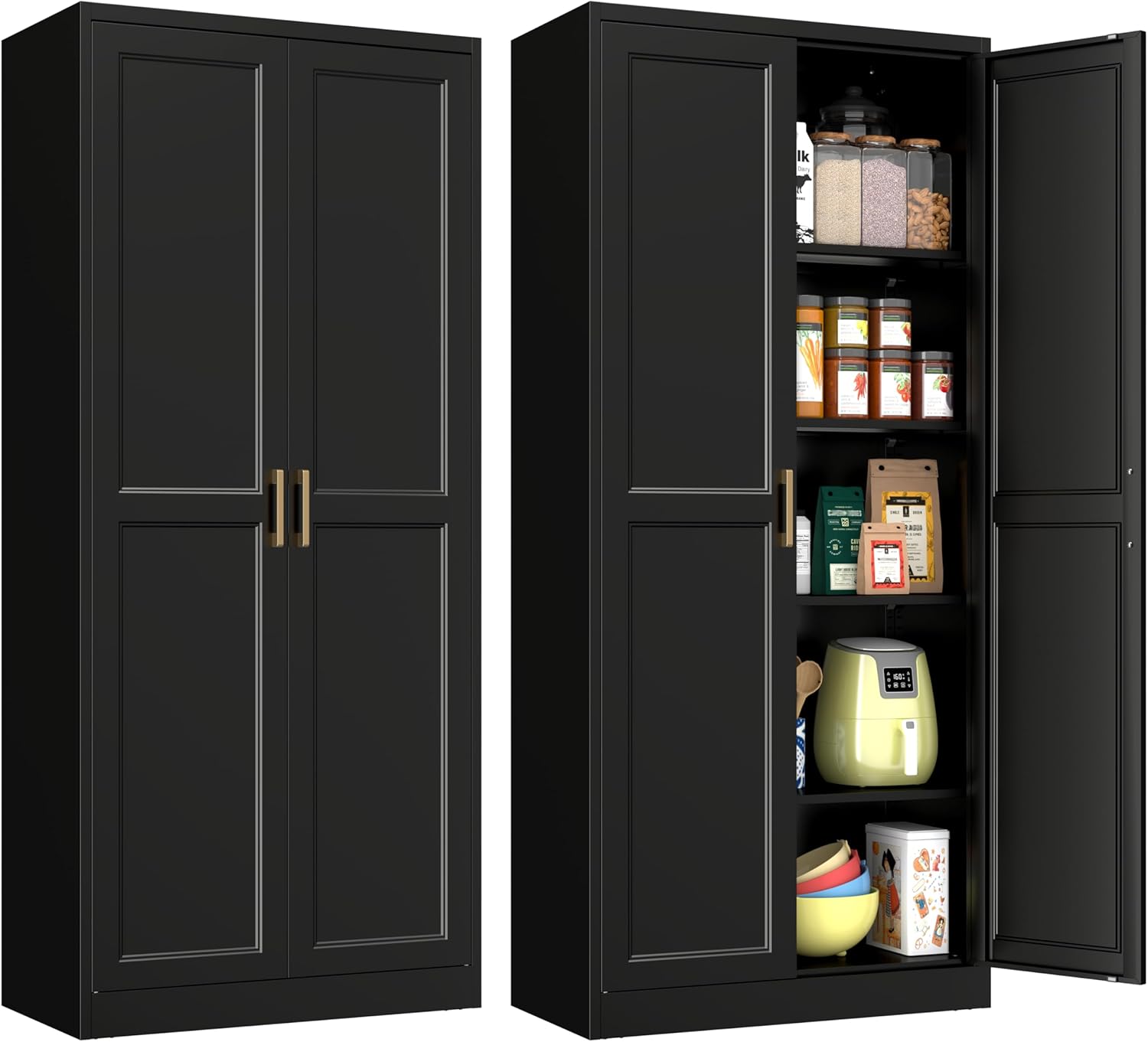 Pantry Cabinet, 71 Inch Tall Kitchen Storage Cabinet, Metal Pantry Cabinet with Doors and Adjustable Shelves, Black Food Cupboard, Freestanding Cabinet for Living&Dinning Room, Assembly Required