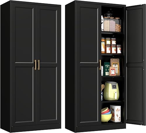 Miniatura 28 de Armario de despensa de cocina, gabinete de almacenamiento de metal de 75 pulgadas de alto con puertas y estantes, 4 pies de pie, armario para