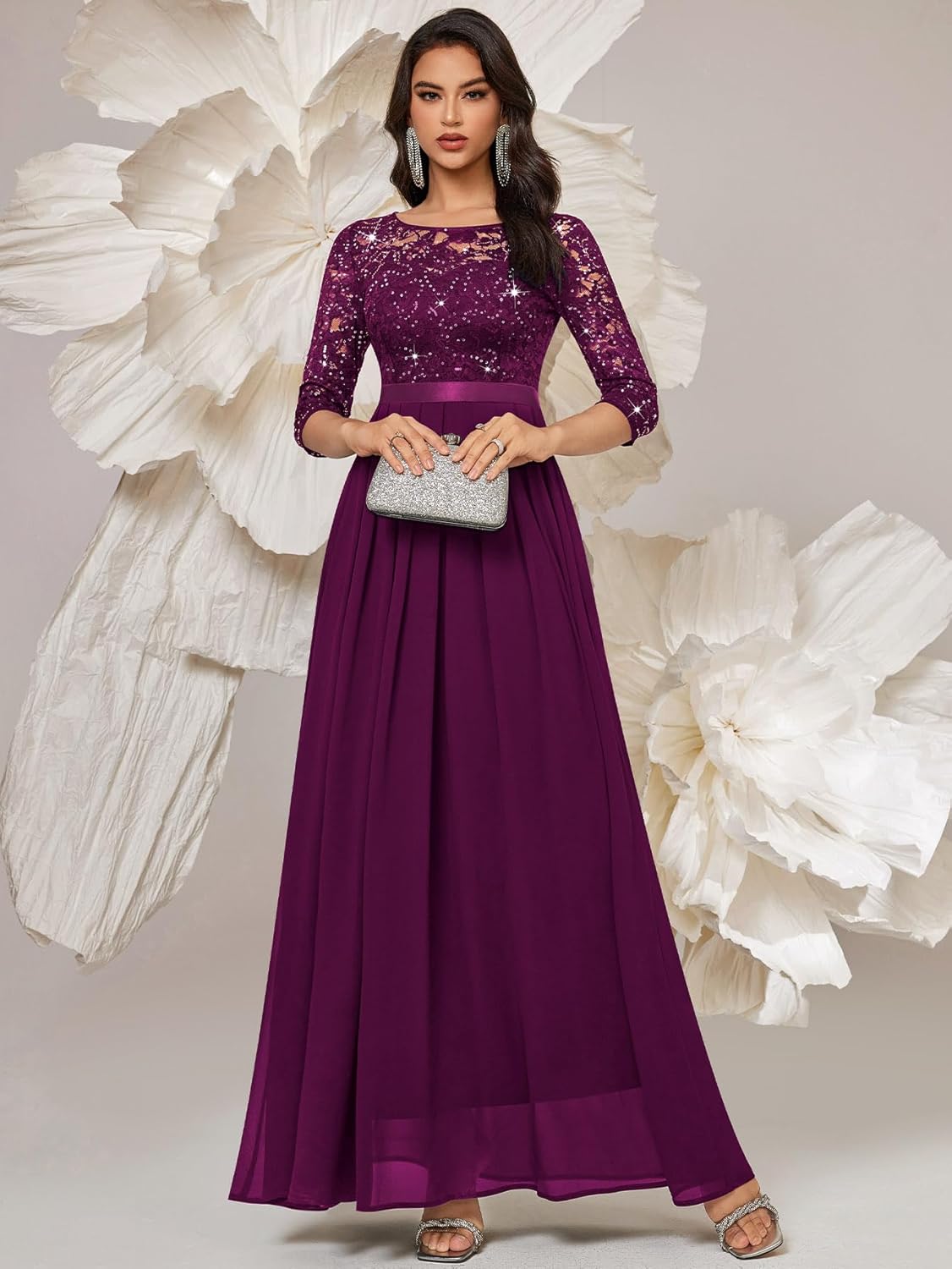 Miusol Women's Classy Scoop Neck Sequined Floral Lace Home Coming Party Maxi Dress - Image 6