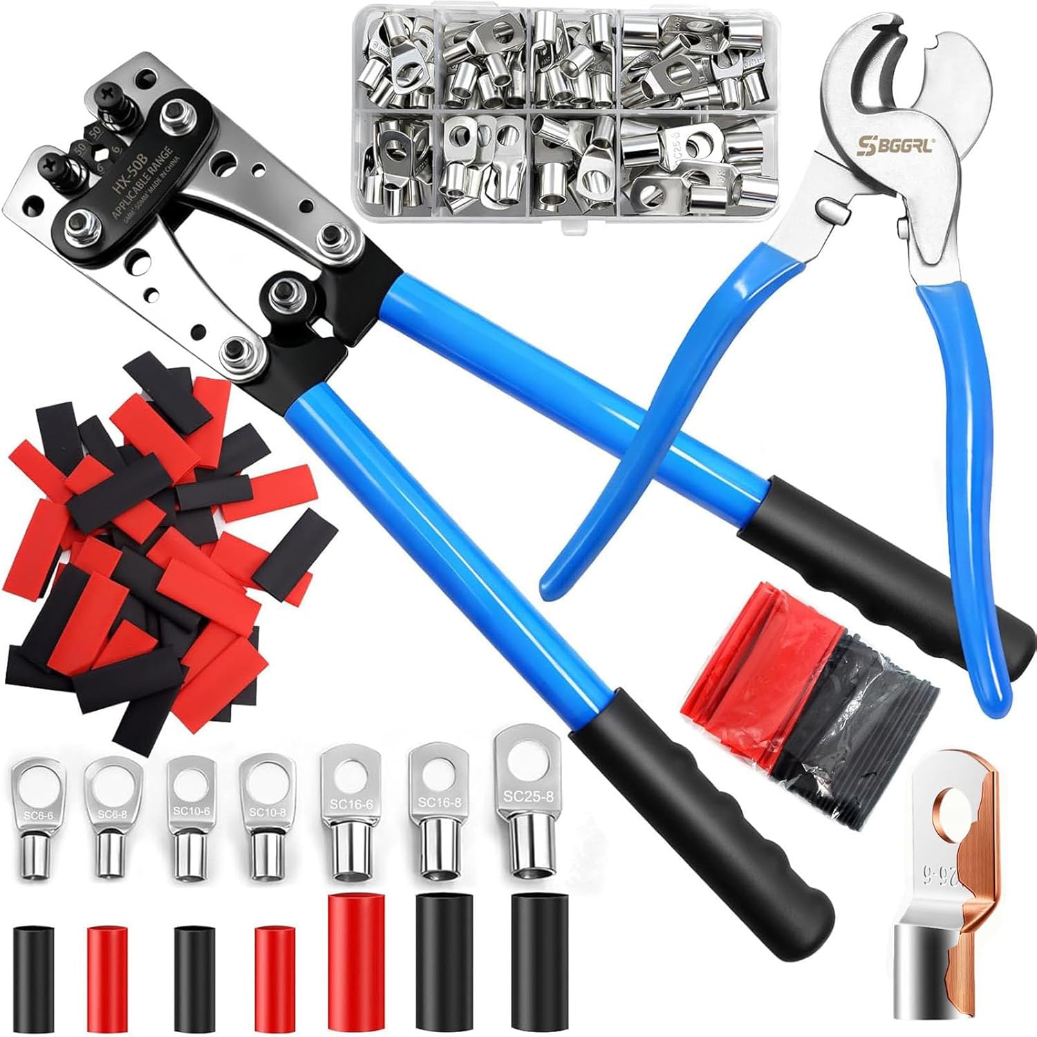 Battery Cable Lug Crimper Tool with Wire Shear Cutter Kit for 1/0,2,4,6,8,10 Awg Gauge Wire Lugs Crimping,80pcs Tinned Copper Ring Terminals and 100pcs Heat Shrink Tubing