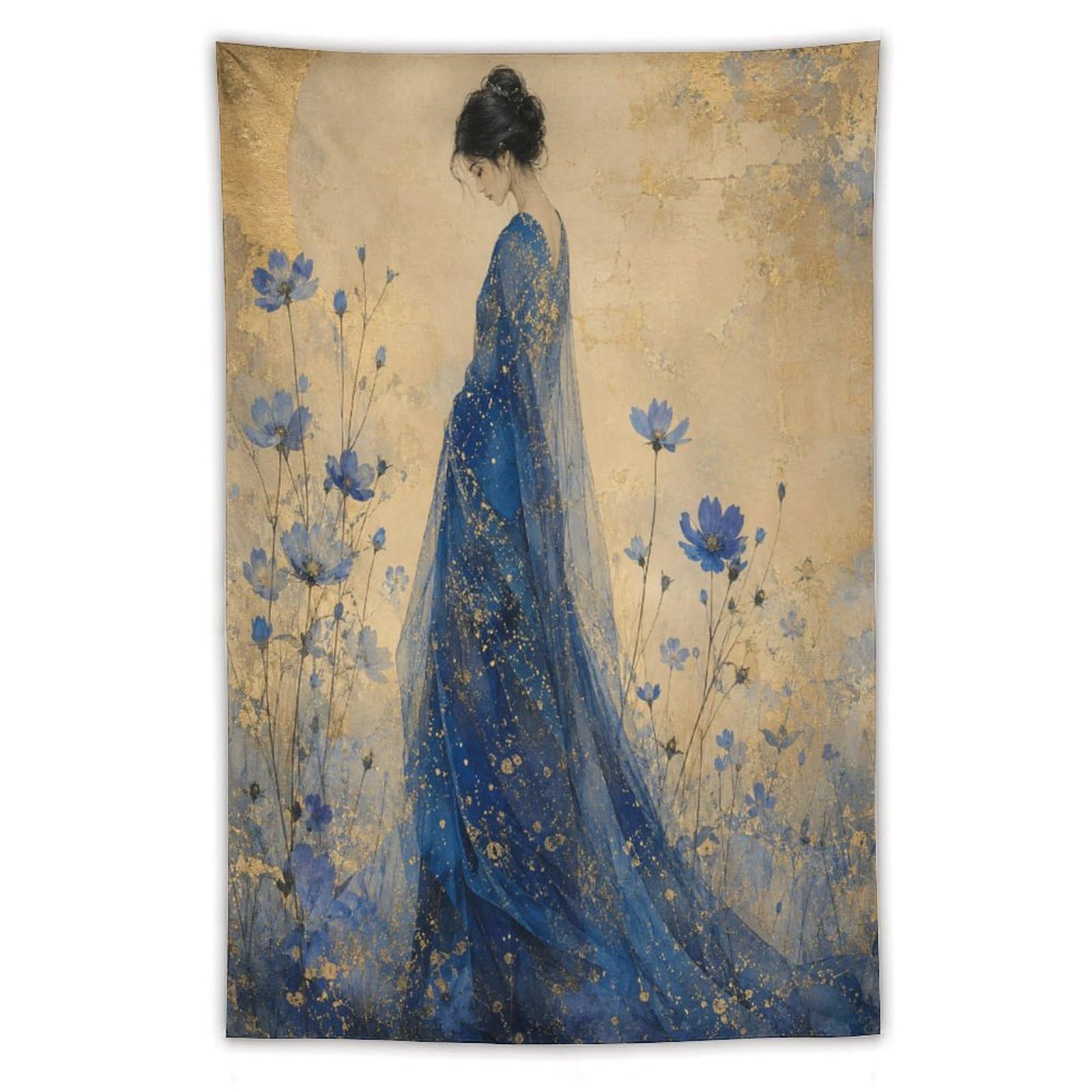 W7C8U2X3 Blue Dress Woman Garden Wall Tapestry, Impressionist Meadow