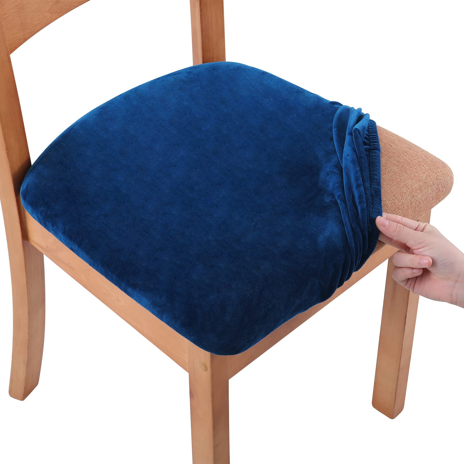 smiry Original Velvet Dining Chair Seat Covers, Stretch Fitted Dining Room Upholstered Chair Seat Cushion Cover, Removable Washable Furniture Protector Slipcovers with Ties - Set of 6, Federal Blue
