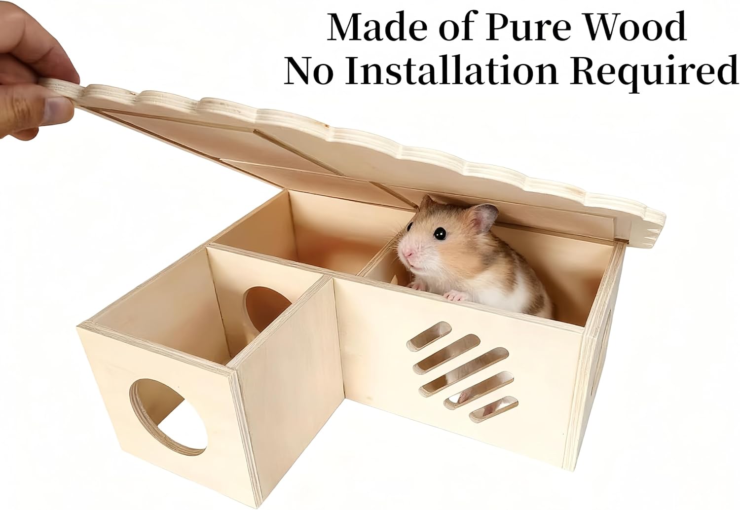 Hamster Hideout Wooden House - Multi-Functional Hamster Cage Accessories with Platform, Ventilated Hamster Hides & Cozy Hamster House for Small Pets (Syrian, Dwarf Hamsters)