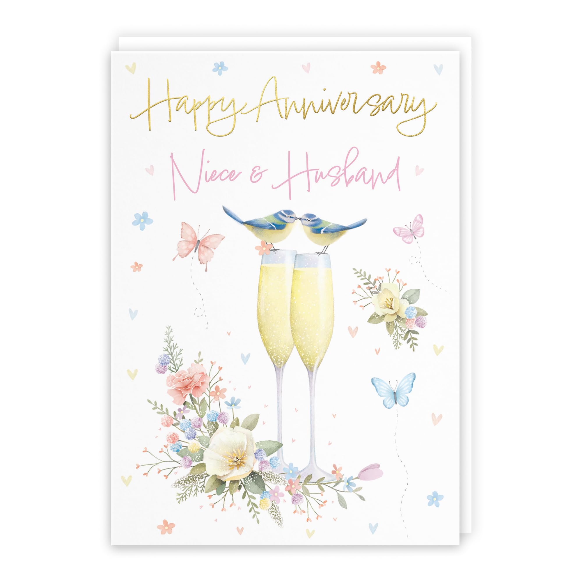 Hunts England, Niece And Husband Anniversary Card, A5 Size, Champagne Flutes, Gold Foil