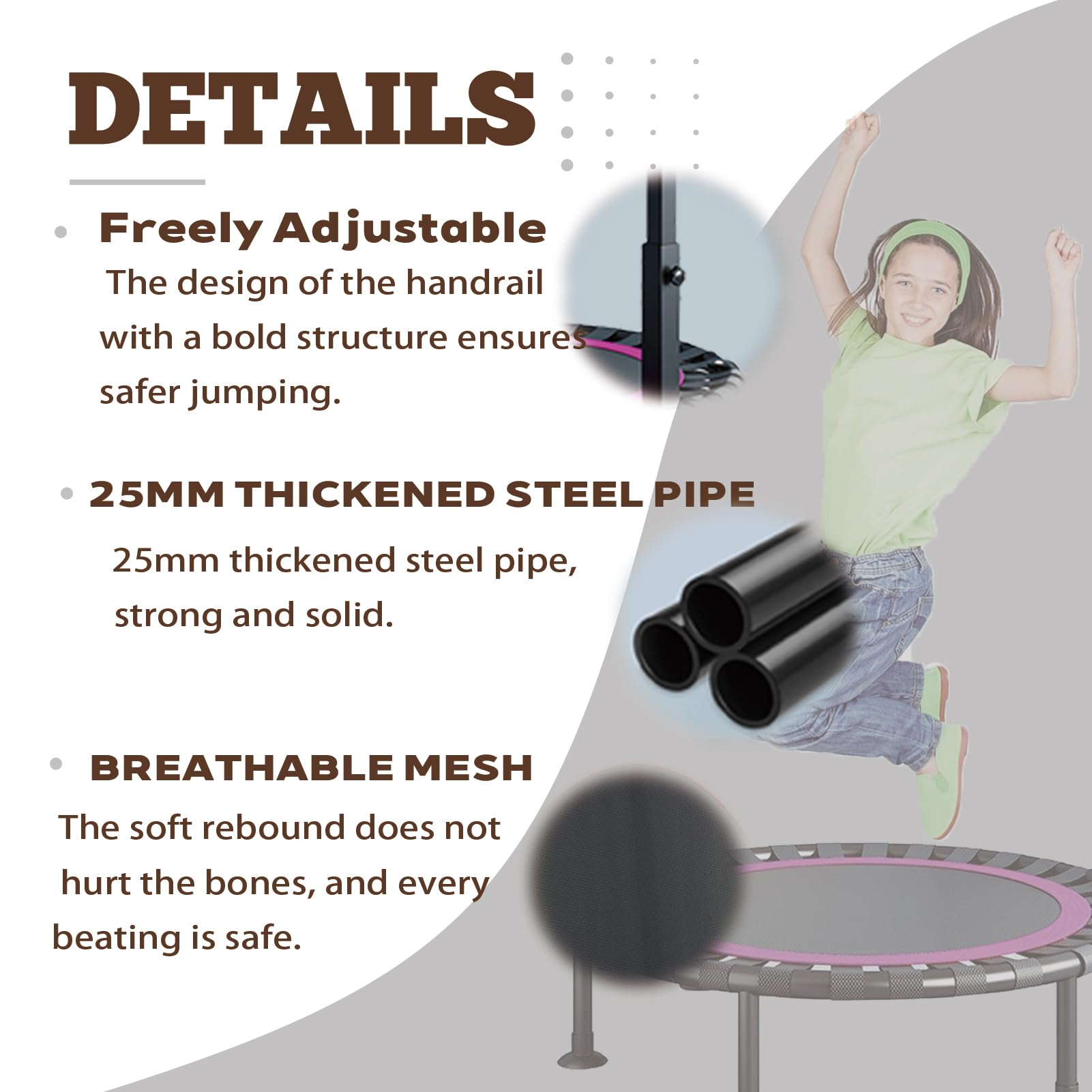 Składana trampolina fitness, 105 cm, cicha, gumowa lina, zawieszenie, regulowany uchwyt o wielu wysokościach, nośność do 300 kg, idealna do treningów domowych