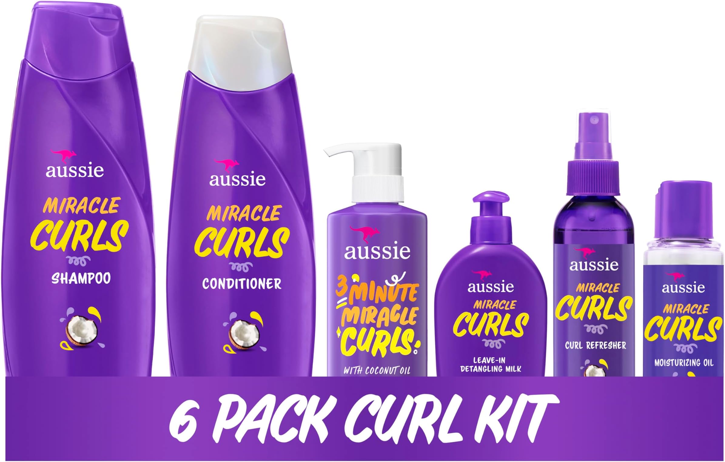 Miracle Curls Set: Shampoo, Conditioner, Deep Hydration, Spray Gel, Detangling Milk, and Oil Hair Treatment, Curl Oil, Coconut & Jojoba, Frizz Control, 6 Pieces