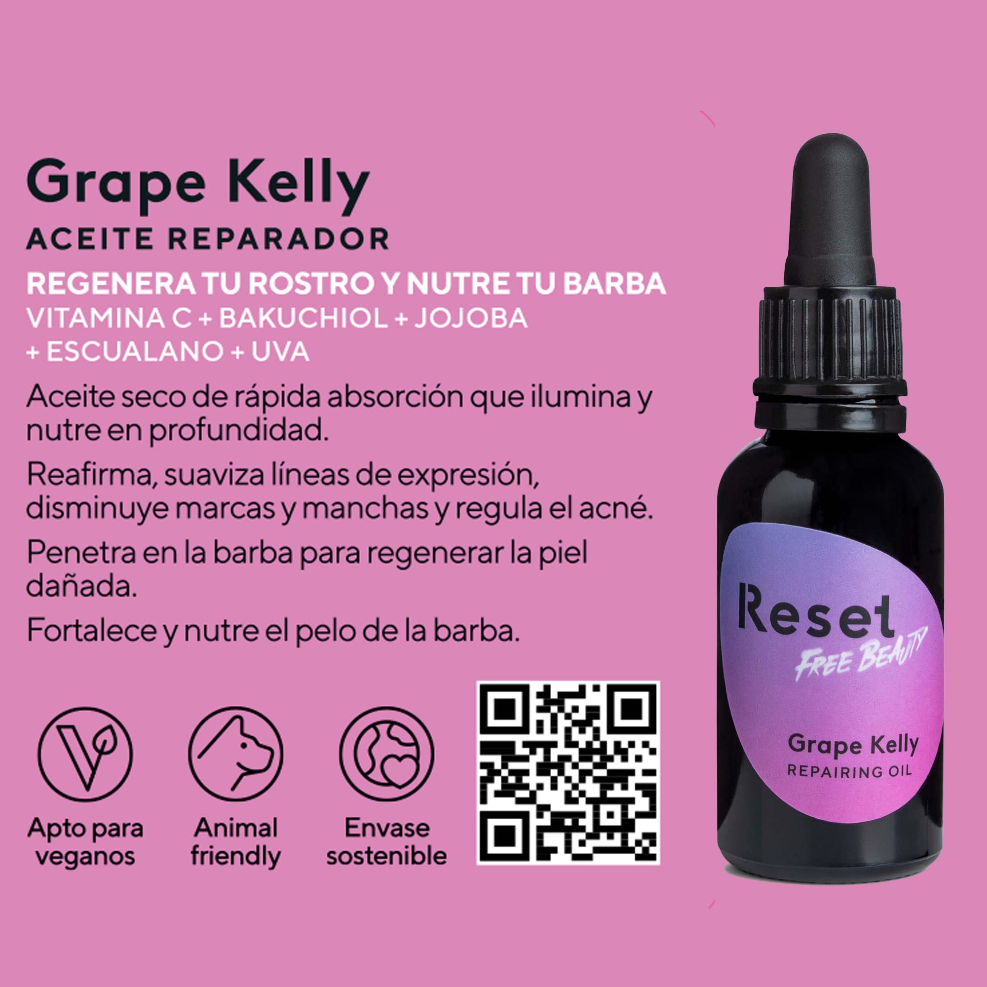 Aceite nutritivo y reparador-Regenera tu rostro- Nutre la piel debajo de la barba-Hidrata Protege-Aroma naranja amarga- 30ml - Grape Kelly RESET FREE BEAUTY