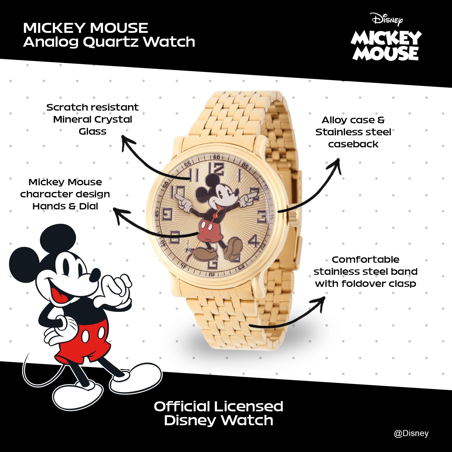 Disney Mickey Mouse W002413 Mickey Mouse Reloj analógico de Cuarzo Dorado, para Hombre, Dorado, Pulsera