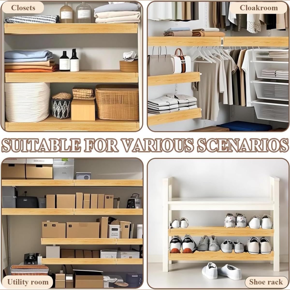 36x9 Faux Wood Wire Shelf Covers, 4 Pack 0.3" Thick PVC Shelf Liners with Acrylic Clips, Waterproof Removable for Kitchen Bathroom Pantry Storage