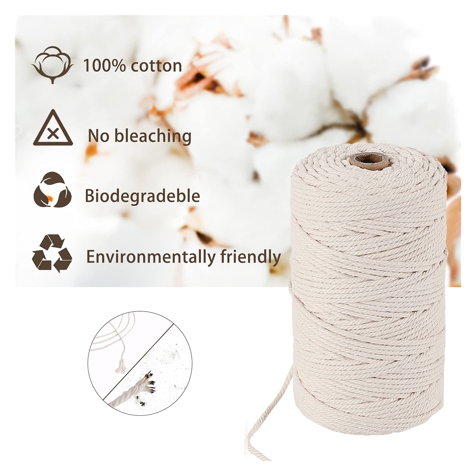 Cadena Macrame Cord 3mm x 150m y 110 Cuentas, Conjuntos de Cuentas, 100% algodón Craft String Thine for Wall Colgando Perchas de Punto para Manualidades