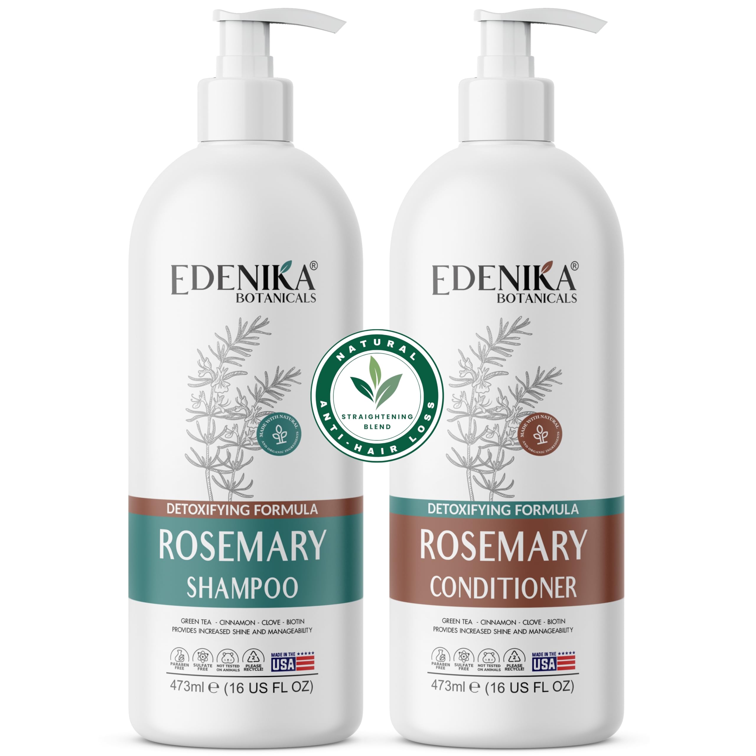 Rosemary Oil Shampoo & Conditioner Set with Biotin for Thinning Hair & Anti-Hair Loss, Strengthening Botanical Formula, Women & Men, Sulfate-Free, Organic, 16 fl oz Each