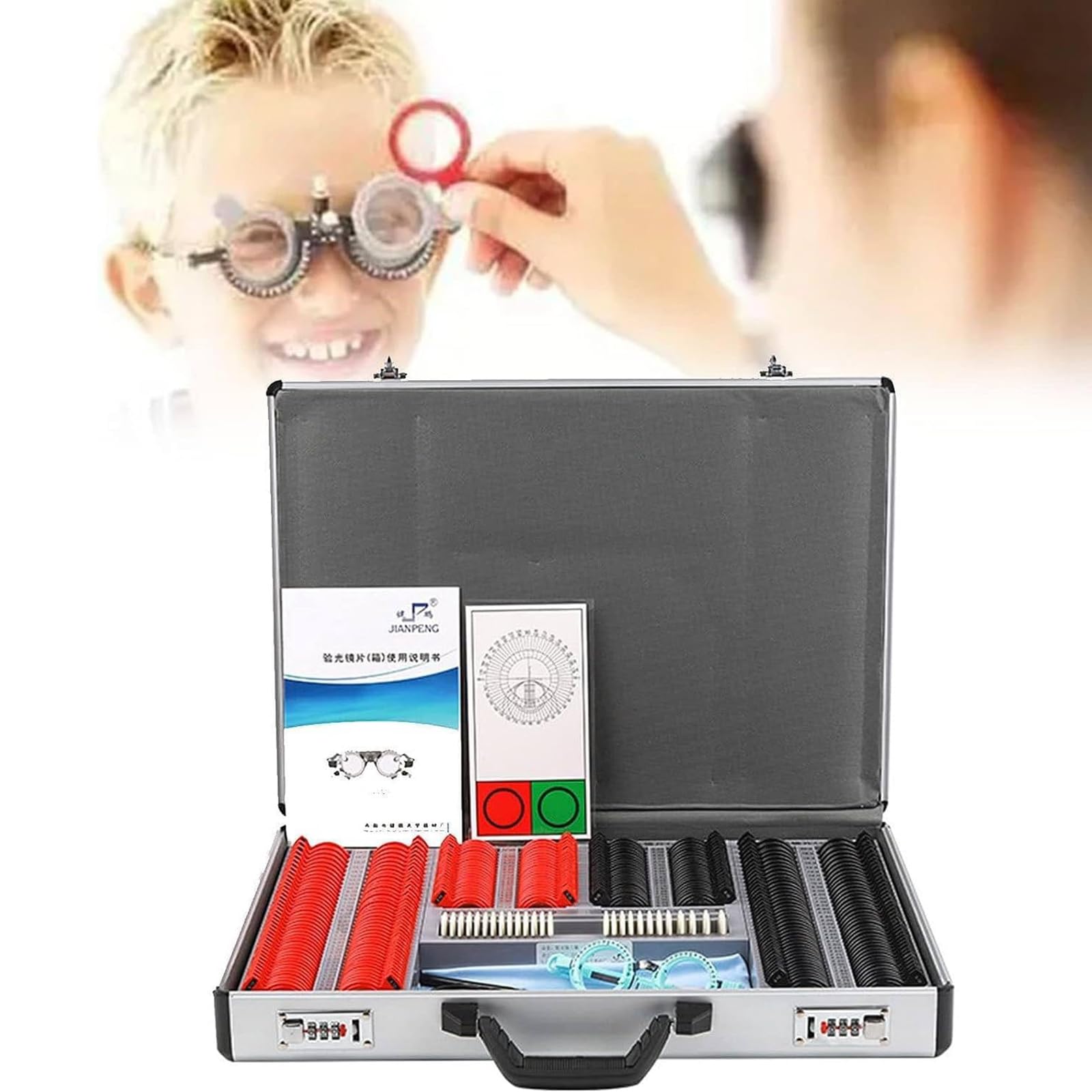 WIKINK 266 Pcs Optical Trial Lens Set, Trial Lens Set with Measuring Glasses Testing Frame, Metal Rim Aluminum Case, 26mm Aperture, for Optical Shop, Hospital