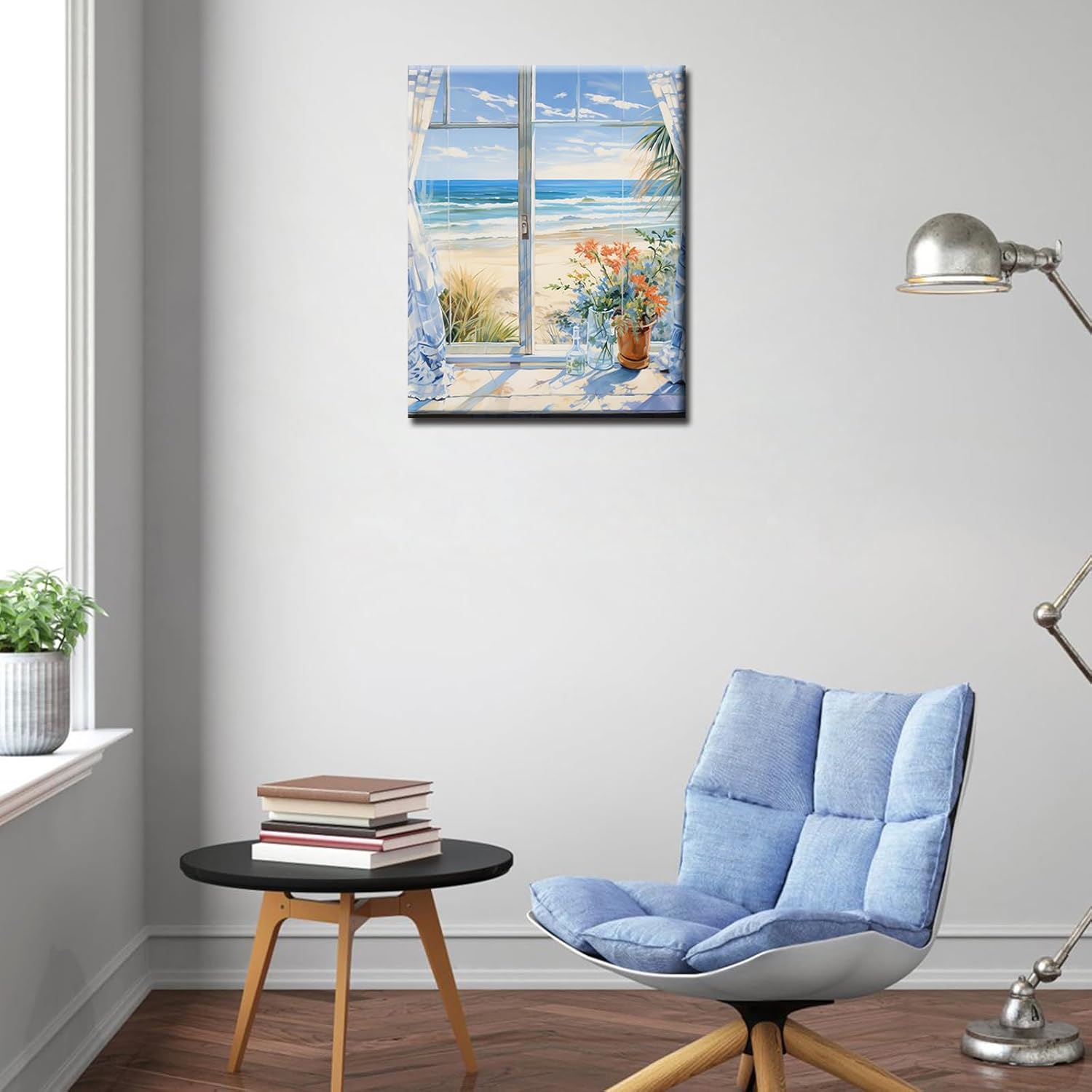 Beach Window Landscape Oil Painting Paint by Number Kits 16 x 20 inch Canvas Flowers Seaside Scenery DIY Oil Painting for Kids Students Adults Beginner with Brushes Acrylic Pigment (DIY Frame)