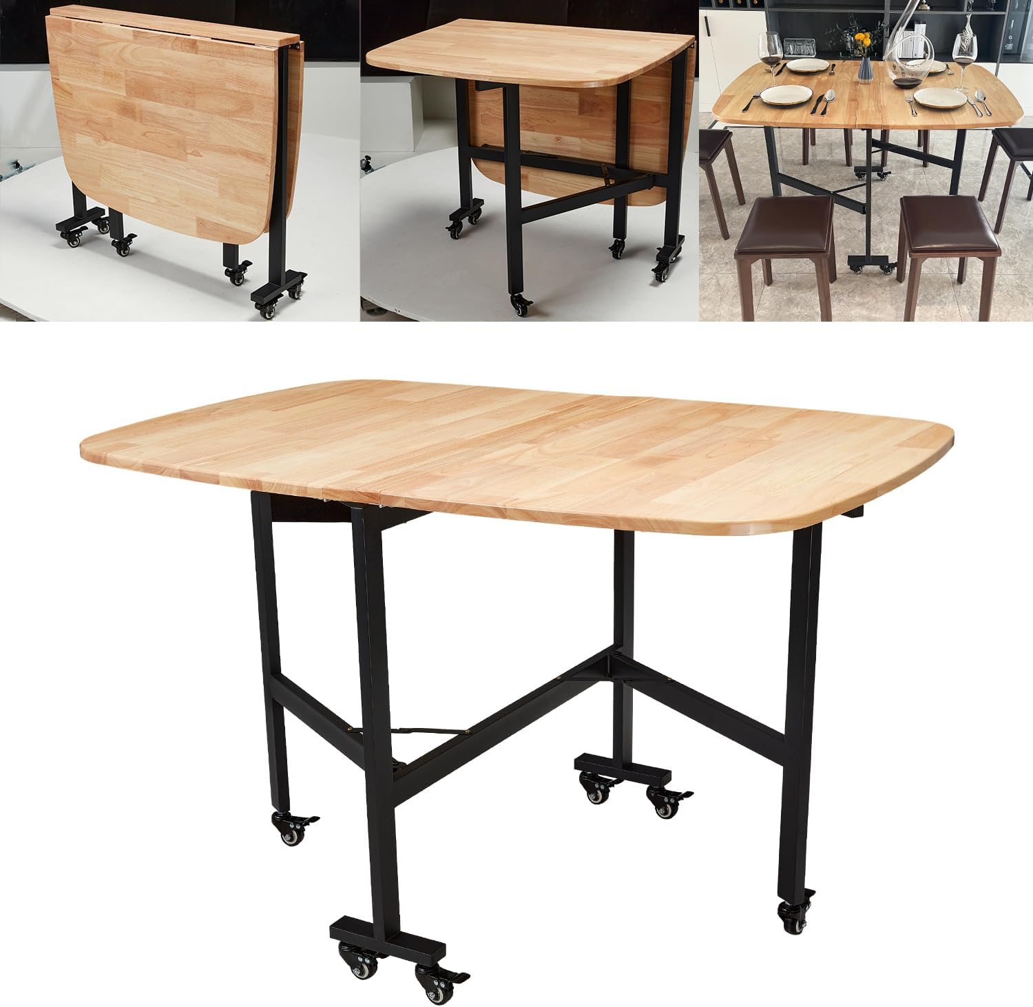 Rukulin Multifunction Table Drop Leaf Dining Table 47" Solid Wooden