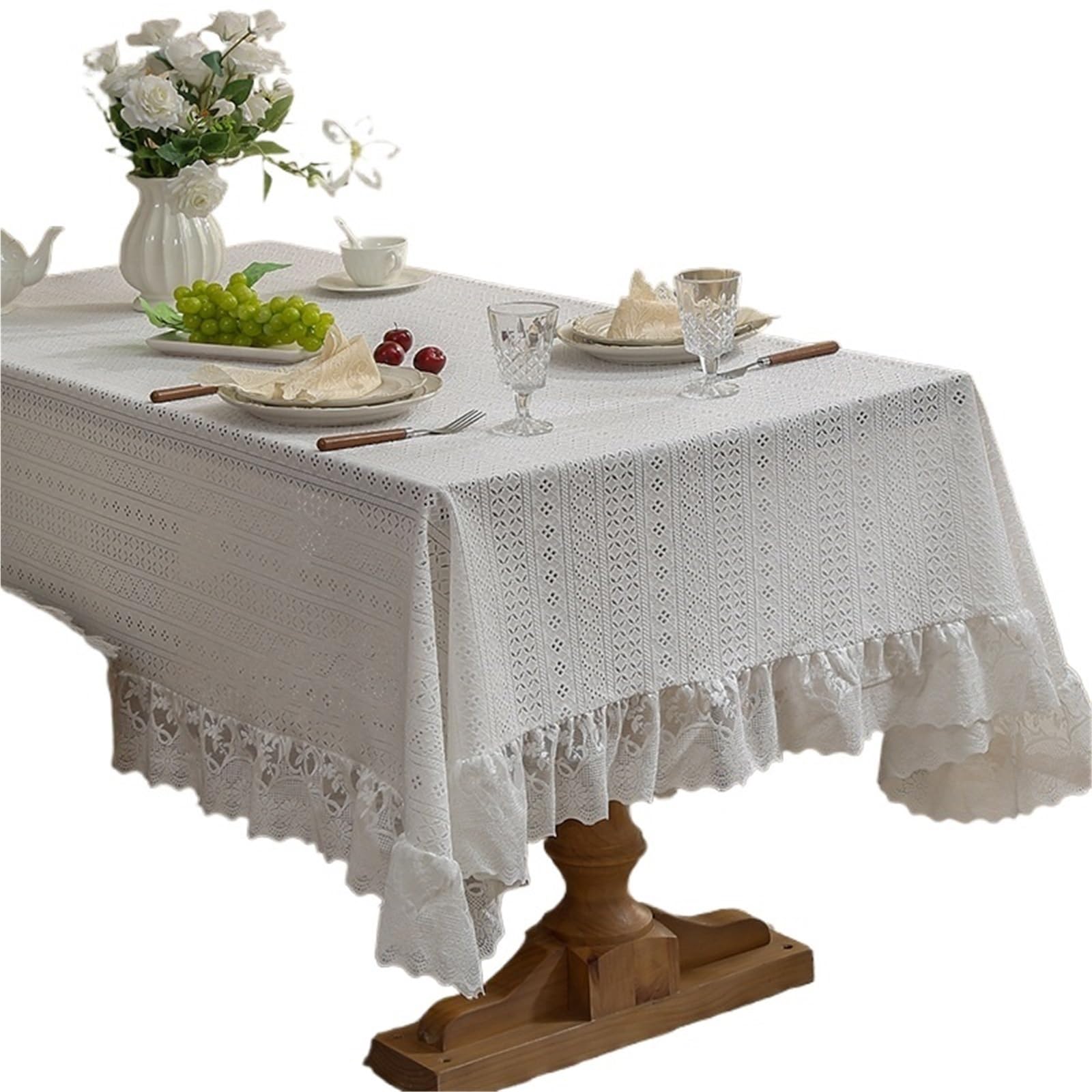 HYFEUOKF Lace Tablecloth Elegant Rectangle Dustproof Cover For Wedding Birthday Party Table Decoration(White,140x100cm)