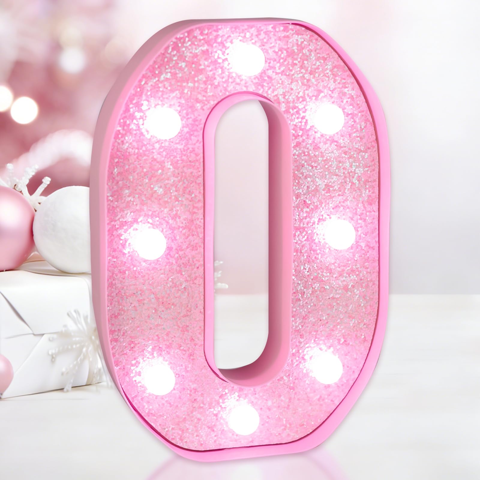 Photo 1 of Pink Letters, LED Marquee Letters for Table, Small Glitter Alphabet LED Lights, Battery Powered for Girls Room Gifts Birthday Party Christmas Night Home Wedding Decoration-Pink Glitter O