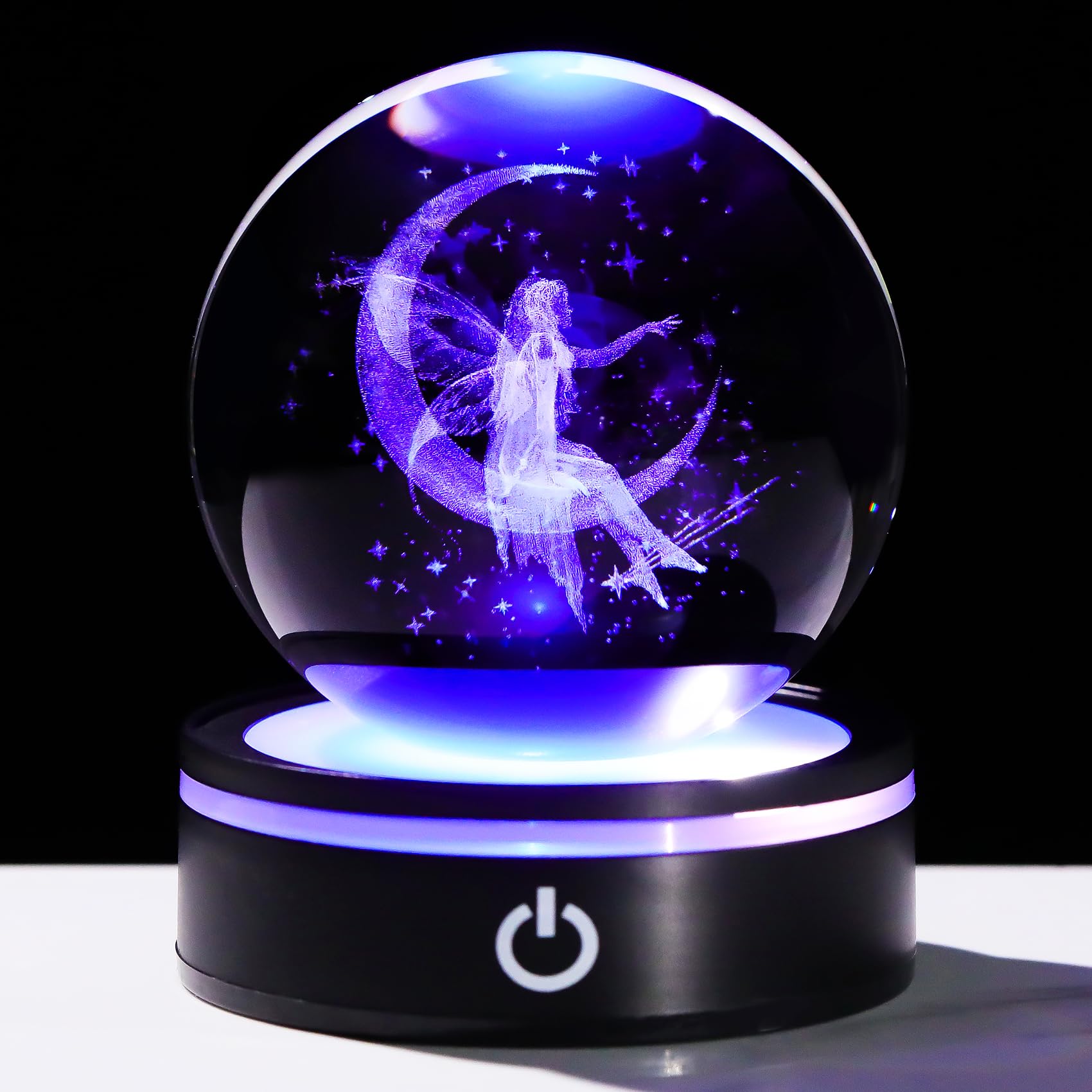 YWHL 3D Crystal Moon Figurine with Colorful LED Base, Laser Fairy Gifts for Women Girls on Christmas Birthday, Glass Globe Decorative Ball for Fairy