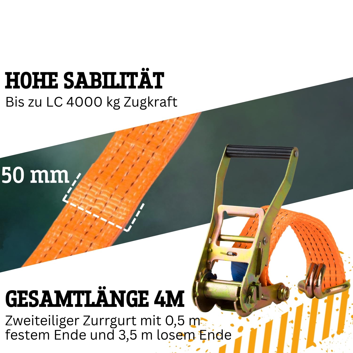 Safetytex Spanngurt 4t zweiteilig mit Ratsche & Spitzhaken – 4m lang 50mm breit – LC 2000/4000 daN – Zurrgurt zweiteilig – Profi-Ratsche – 100% Polyester (10 Stück)
