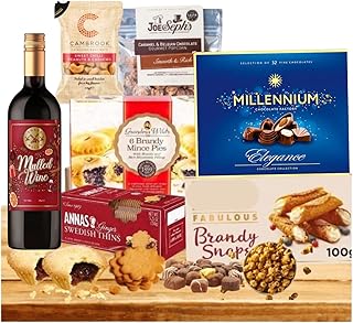 Food Hamper - Premium Festive Treats Hamper For Couples, Friends, Family - With Mulled Wine Bottle, Mince pie, Assorted Chocolate, Ginger Biscuits and Nuts - For Men Women Sharing