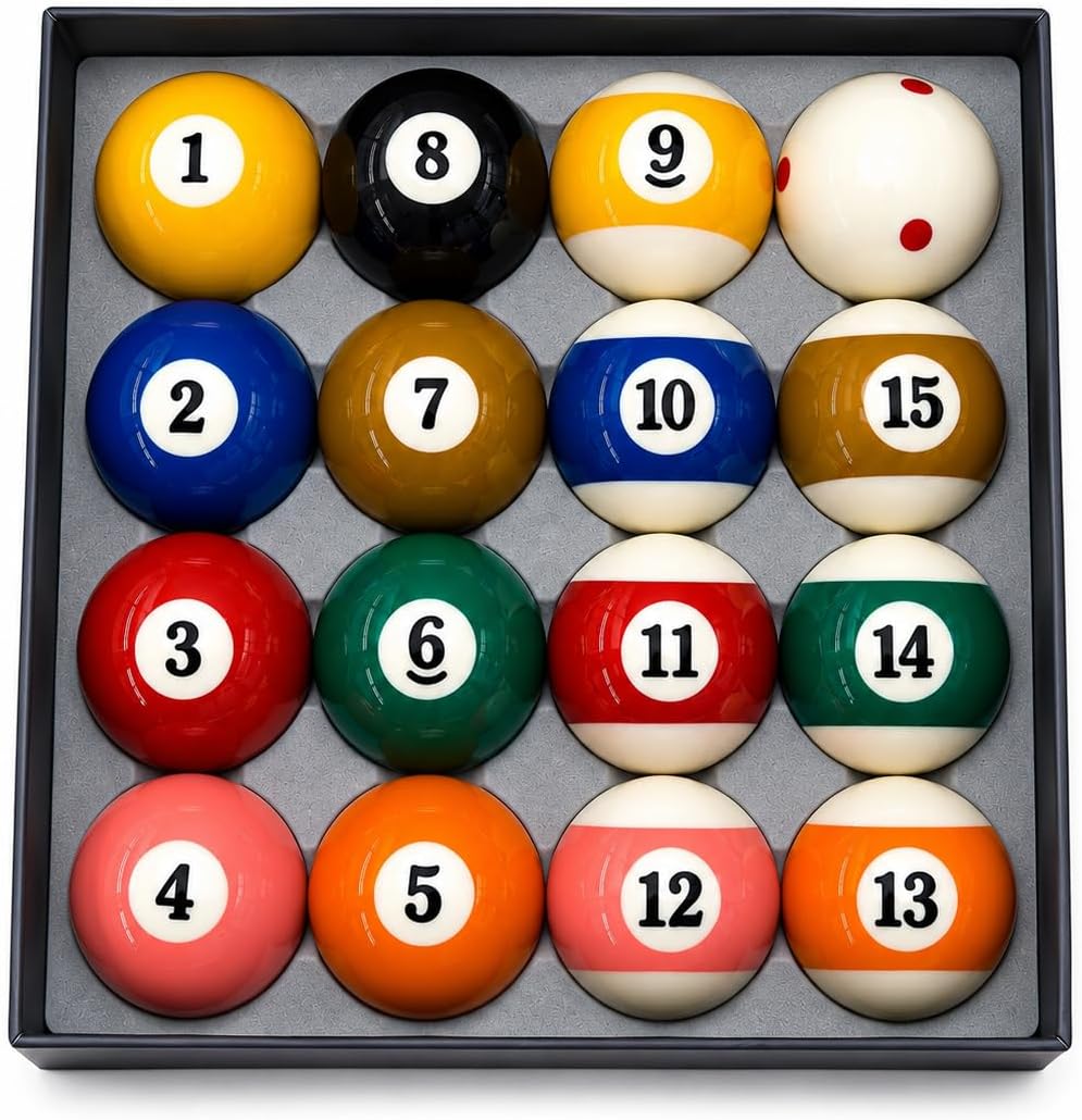 HMQQ Precision-Molded Billiard Balls, 2-1/4 Inch 16-Piece Pool Ball Set | Glossy resin construction with balanced roll for home tables, billiard clubs, bars, practice rooms, and replacement use.