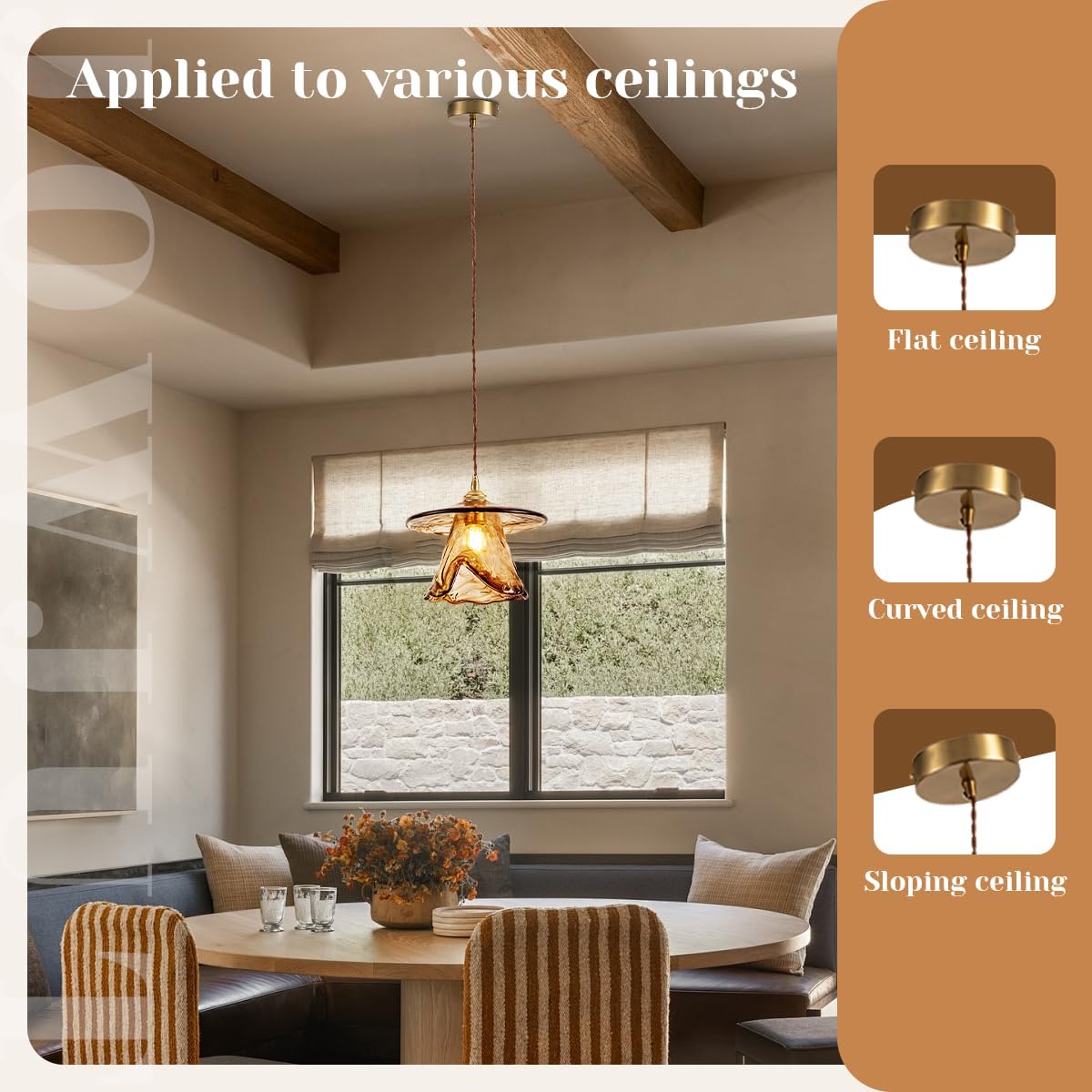 Vintage Amber Glass Pendant Light Adjustable Brushed Gold Ceiling Lamp with Globe Shade for Kitchen Island, Dining Room, Bedroom, Farmhouse Modern Chandelier, E26 Bulb Base