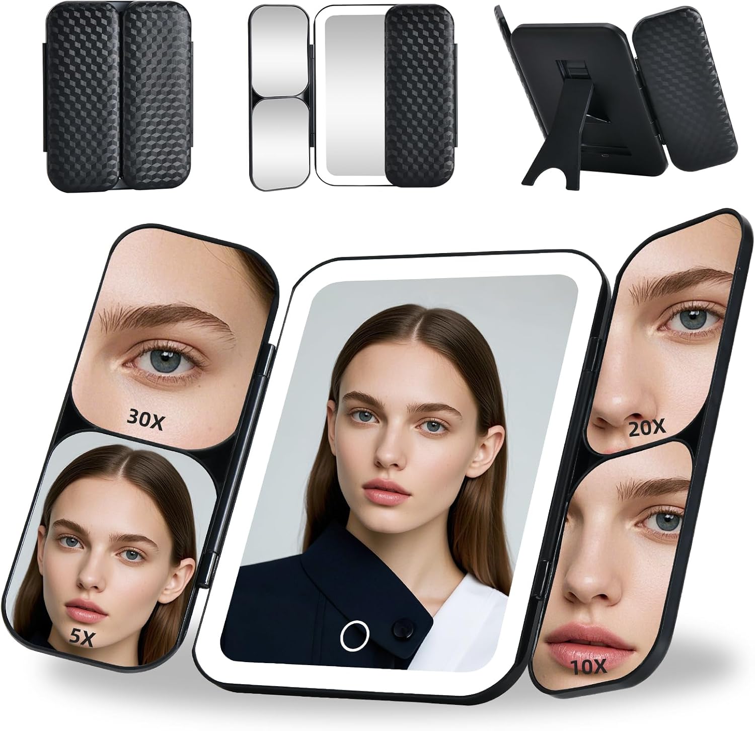 Tri-fold Vanity Mirror with Light,Rechargeable Travel Makeup Mirror with 5X/10X/20X/30X Magnifying Mirror,Touch Screen Dimming Light Up Vanity Mirrors for Travel Home,Black