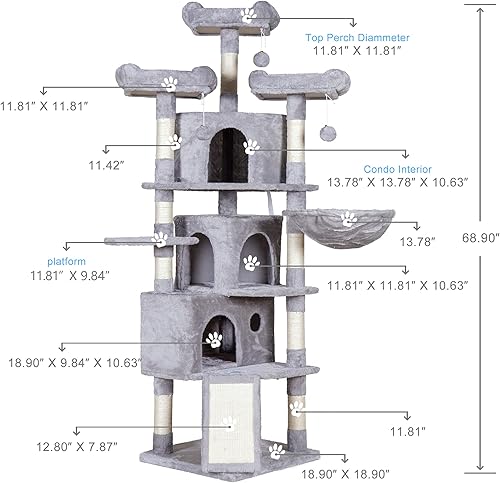Miniatura 3 de Hey-brother MPJ032-SW - Árbol para gatos de tamaño XL, torre para gatos de 67.7 pulgadas con 3 cuevas, 3 perchas acogedoras, postes rascadores,