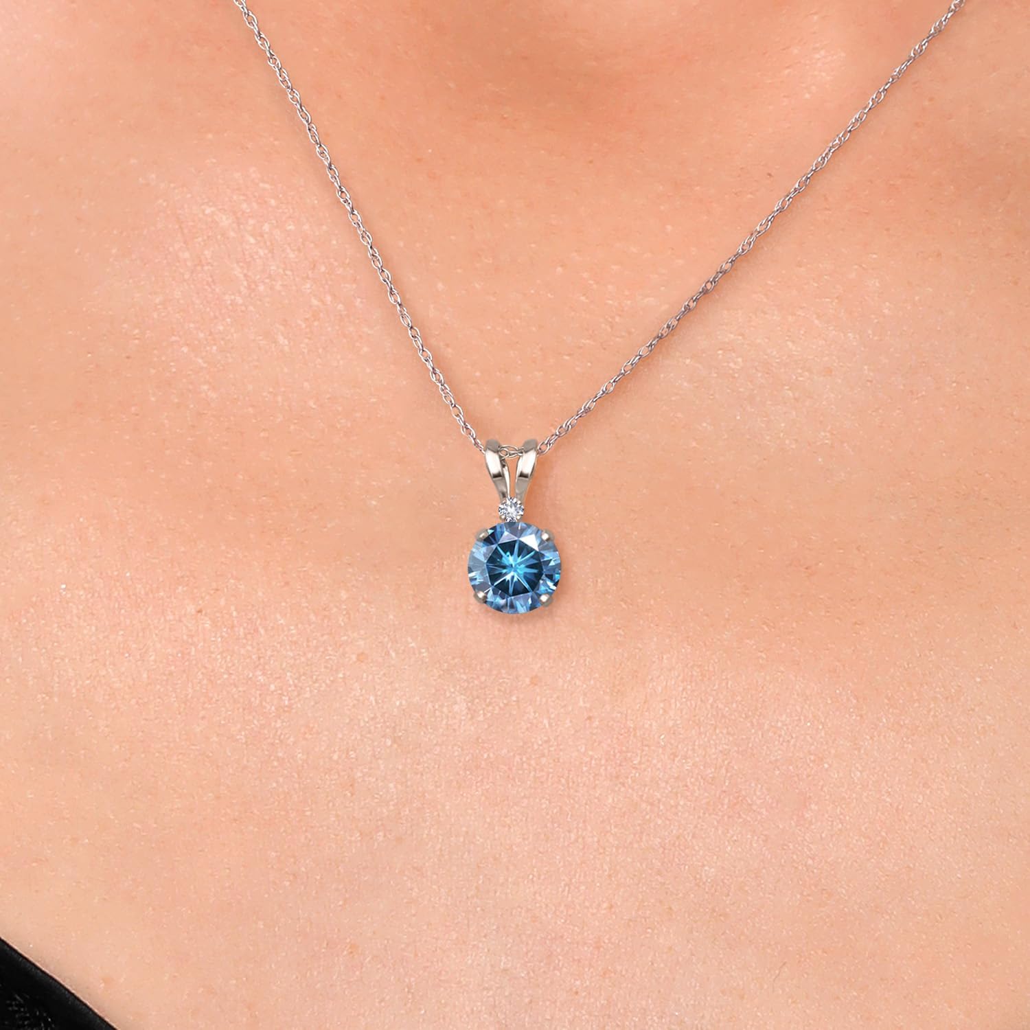 Gem Stone King 14K White Gold Persian Blue Moissanite and White Created Sapphire Pendant Necklace for Women | 0.82 Cttw | Gemstone Birthstone | Round 6MM | With 18 Inch Chain - Image 3