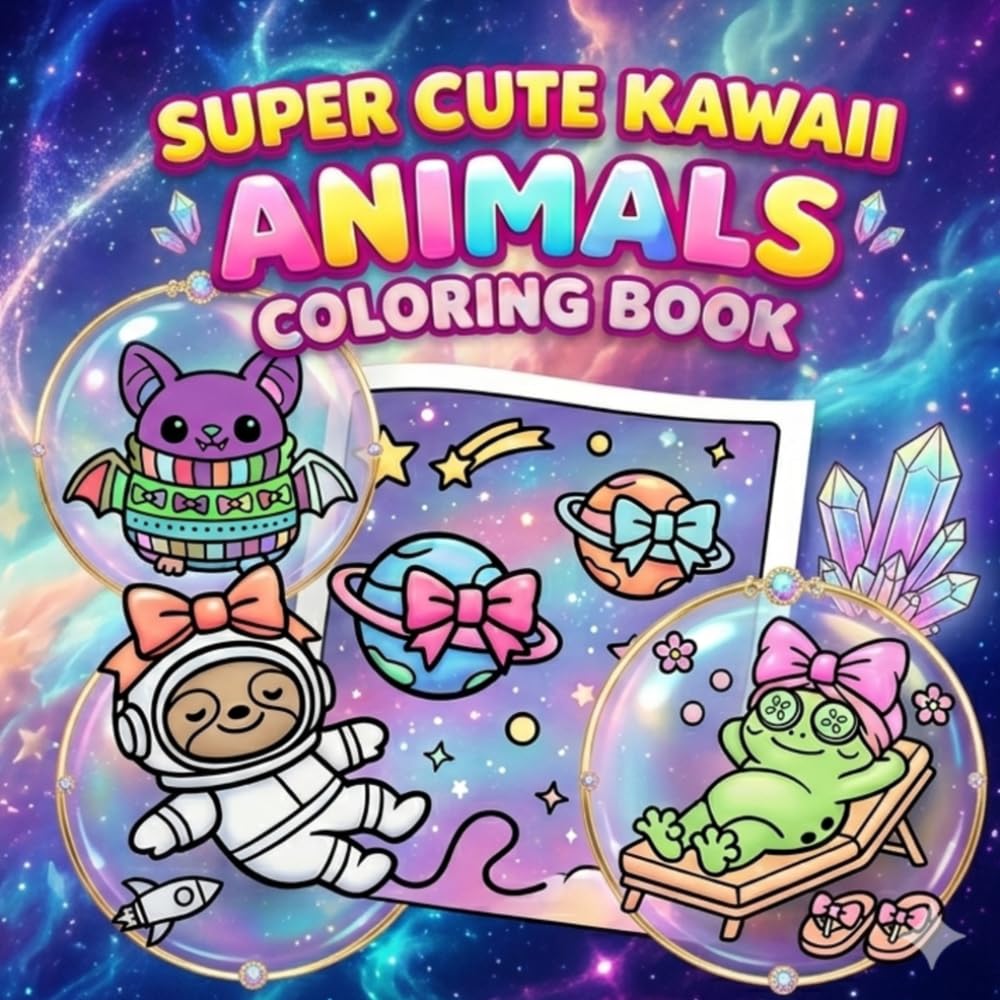 Super Cute Kawaii Animals: Coloring Book: 30 Adorable Animals on Black Backgrounds for Kids and Adults