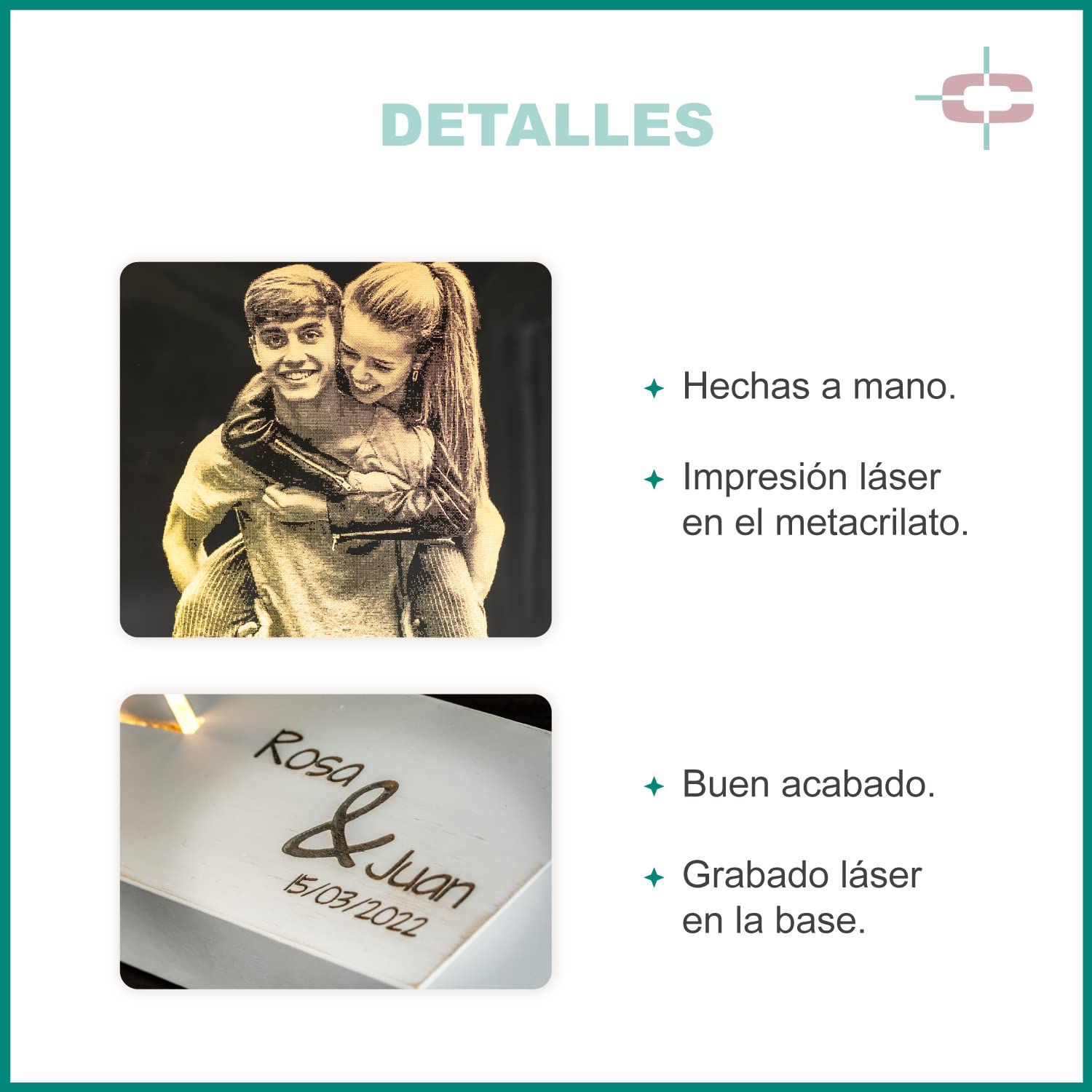 CREATIVA DIGITAL IMPRESION Y DISEÑO Lampada personalizzata con la tua foto | Foto diagonale | Luce LED inclusa + interruttore sul cavo | Base in legno incisa | Ideale da regalare ad amici e familiari