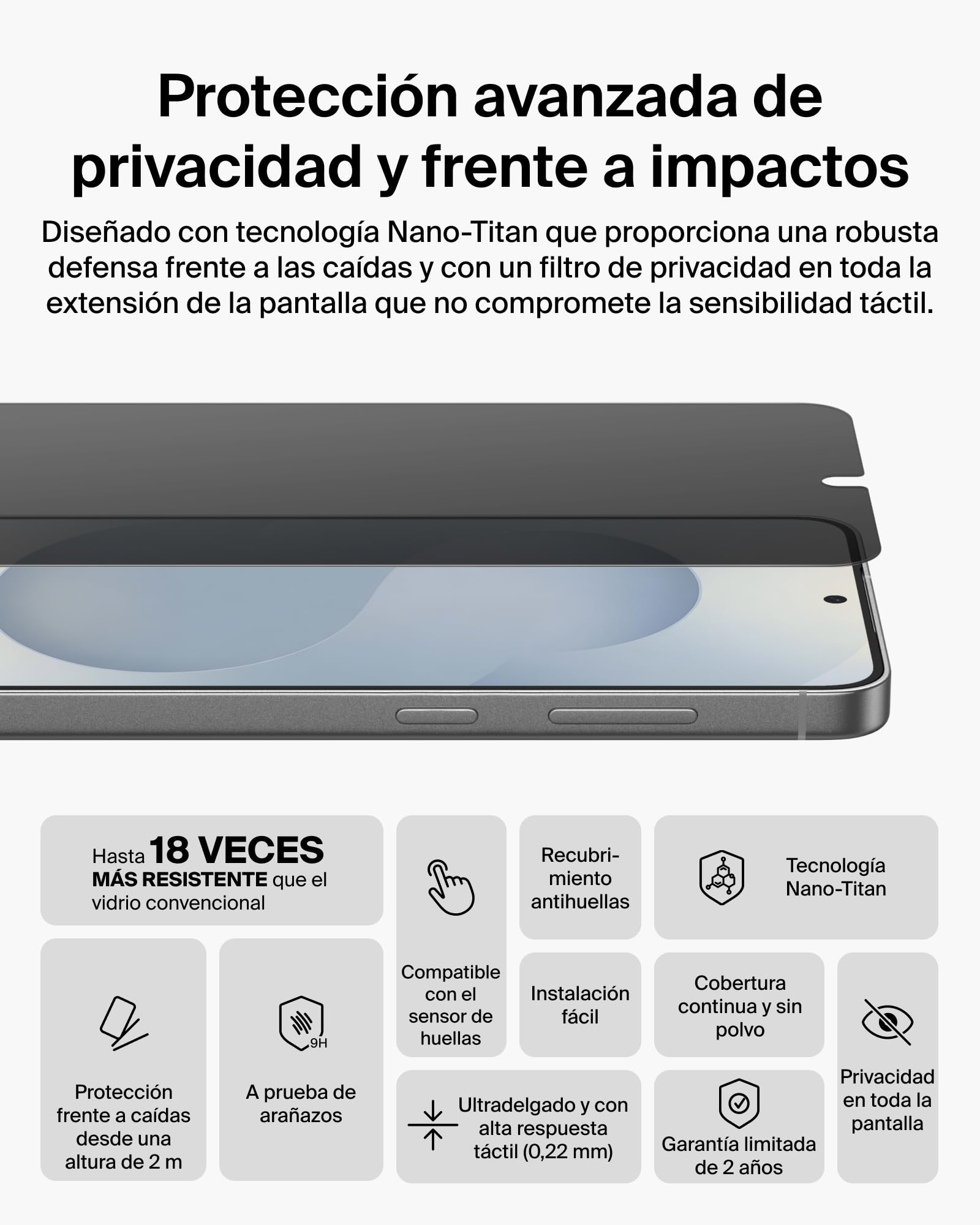 Belkin ScreenForce Titan SmartShield Privacy Protector Pantalla Samsung Galaxy S26, Filtro de Privacidad, Antiarañazos, Antimpactos y Antihuellas, Bandeja de Alineación Fácil Instalación sin Burbujas