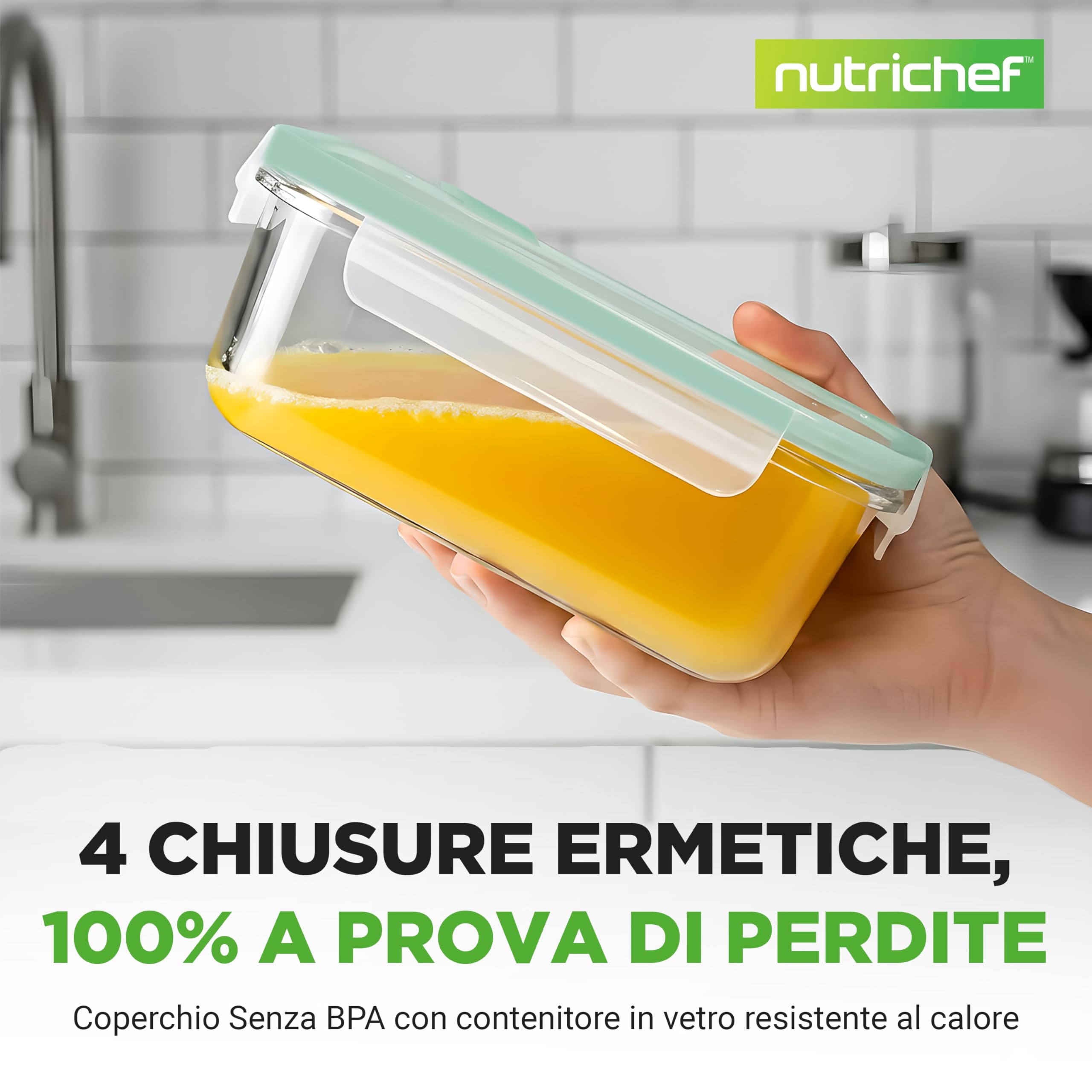 Nutrichef Contenitori Vetro per Alimenti 10 Pezzi (5 Contenitori + 5 Coperchi Ermetici), per Dolci, Verdura, Pomodoro, Frutta, Pasta e Cereali, senza BPA, Resistenti al Freezer/Forno, Verde