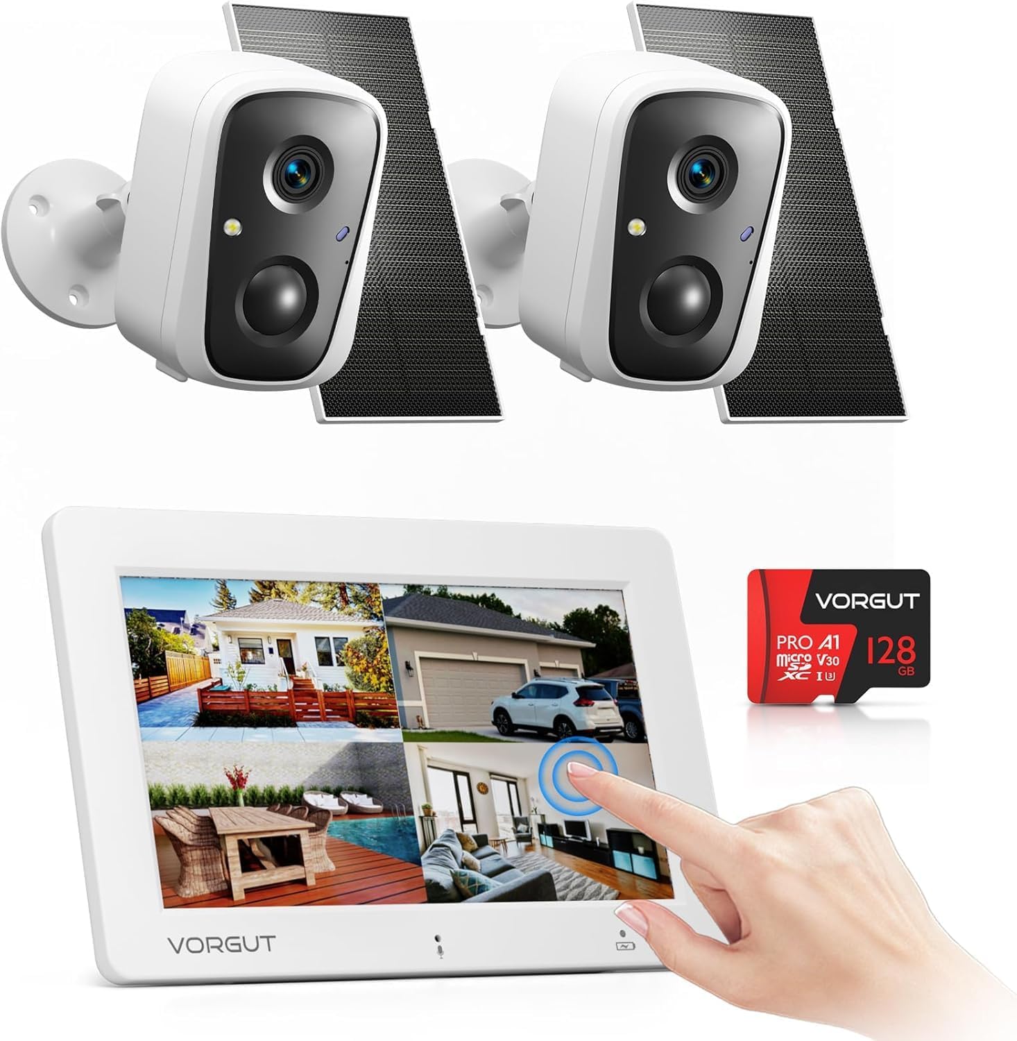 Solar Camera Outdoor Wireless System with 7″ Touchscreen Monitor, 2PCS 4MP Solar Powered Cameras for Home Security Indoor, PIR Human Detection, Color Night Vision, 2.4G/5G WiFi