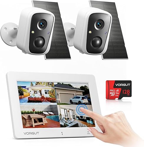 Sistema inalámbrico de cámara solar para exteriores con monitor de pantalla táctil de 7 pulgadas, 2 cámaras solares de 4MP para seguridad del hogar