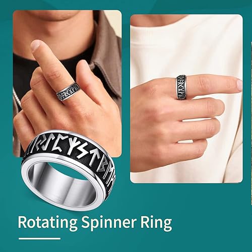 Miniatura 8 de Supcare Anillos de acero inoxidable para hombres y mujeres anillos de banda giratorios vikingos celtas sol y lunas arenados tamaño 7-14 con caja de