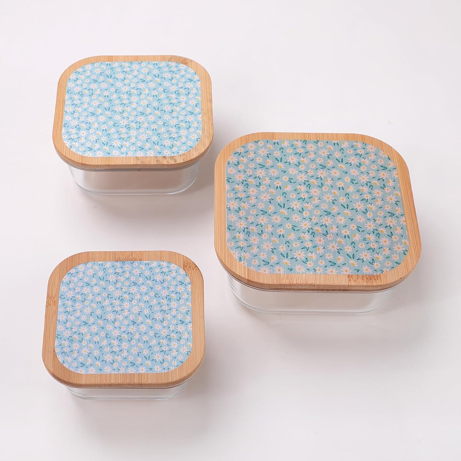 Kuber Industries Borosilicate Food Container - Square (Dandy Daisies) | SAN008-DDS | Pack Of 3